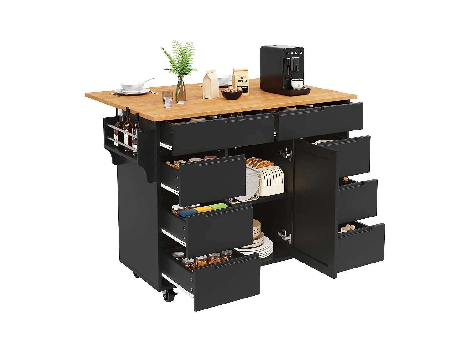 Îlot de cuisine à roulettes - 122 x 40 x 91.5 cm - chariot de cuisine extensibleet + 8 tiroirs - MDF - noir