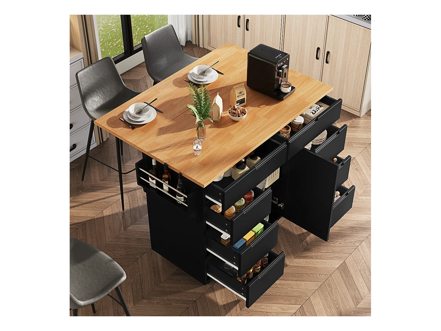 Wyspa kuchenna na kółkach - 122 x 40 x 91,5 cm - rozkładany wózek kuchenny + 8 szuflad - MDF - czarny
