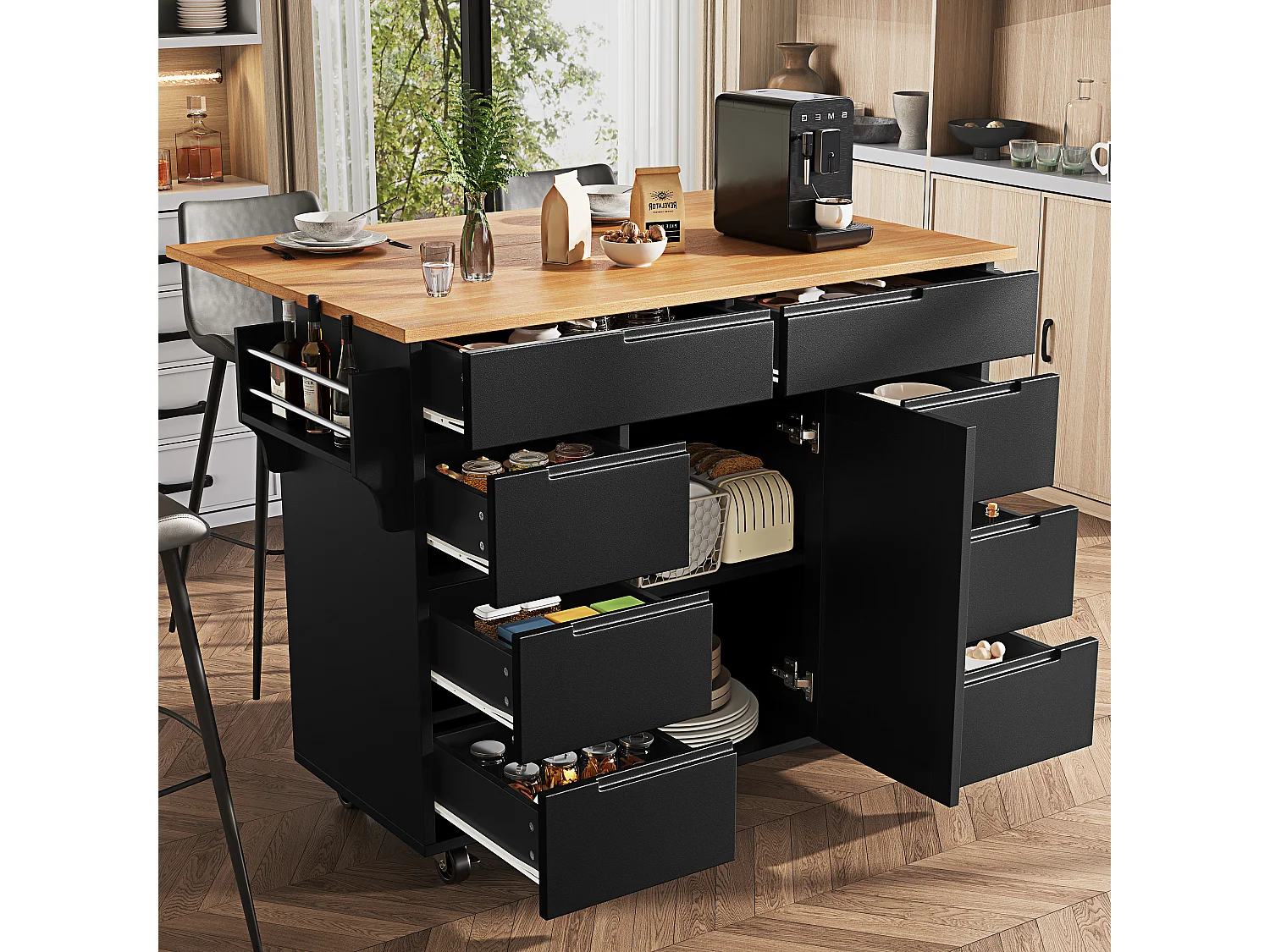 Köksö på hjul - 122 x 40 x 91,5 cm - utdragbar köksvagn med 8 lådor - MDF - svart
