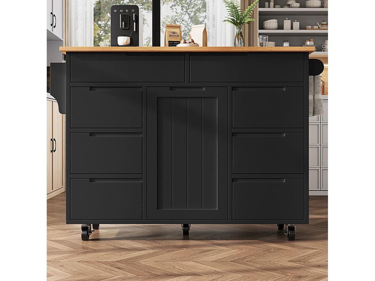 Köksö på hjul - 122 x 40 x 91,5 cm - utdragbar köksvagn med 8 lådor - MDF - svart