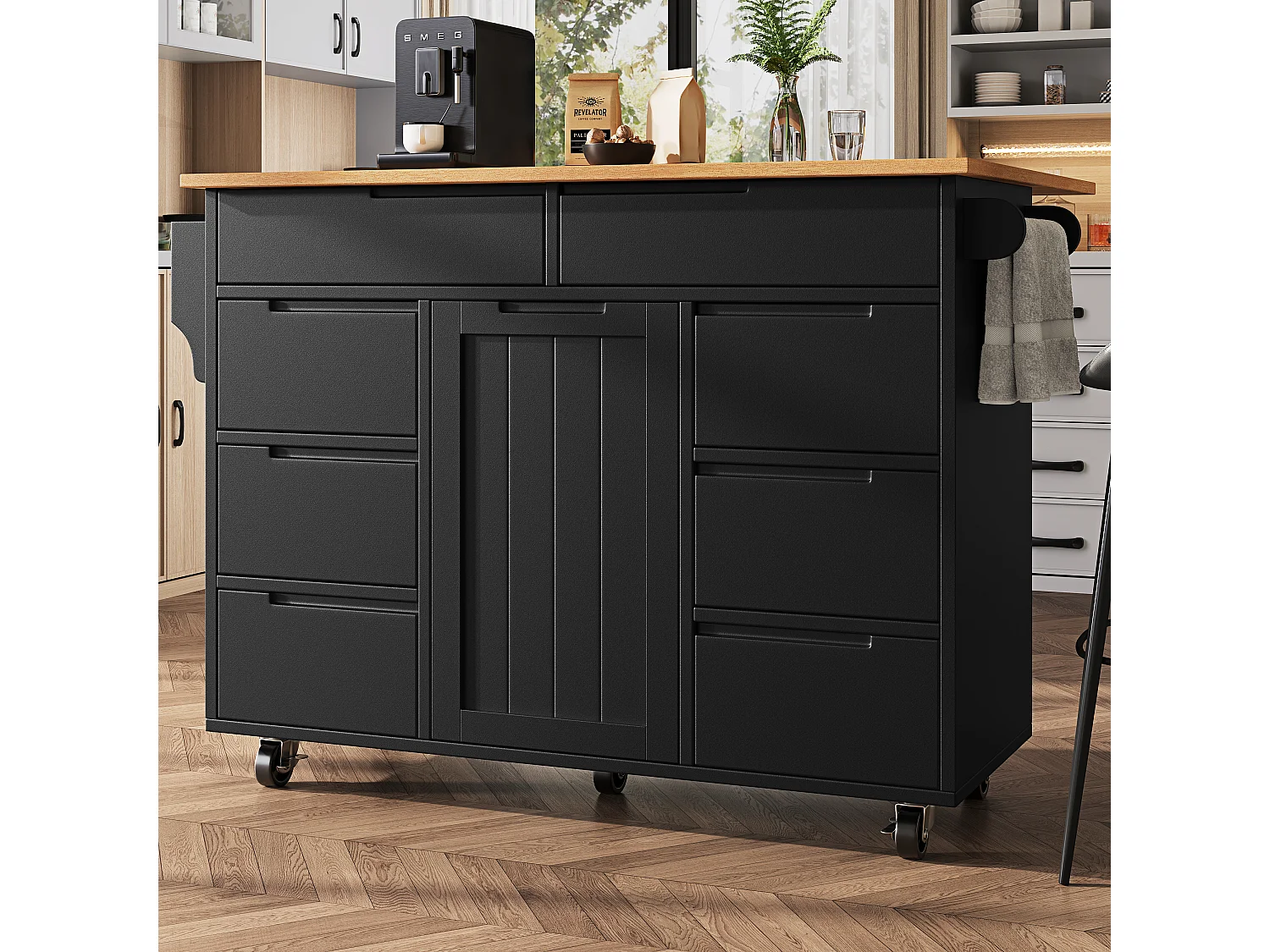 Köksö på hjul - 122 x 40 x 91,5 cm - utdragbar köksvagn med 8 lådor - MDF - svart