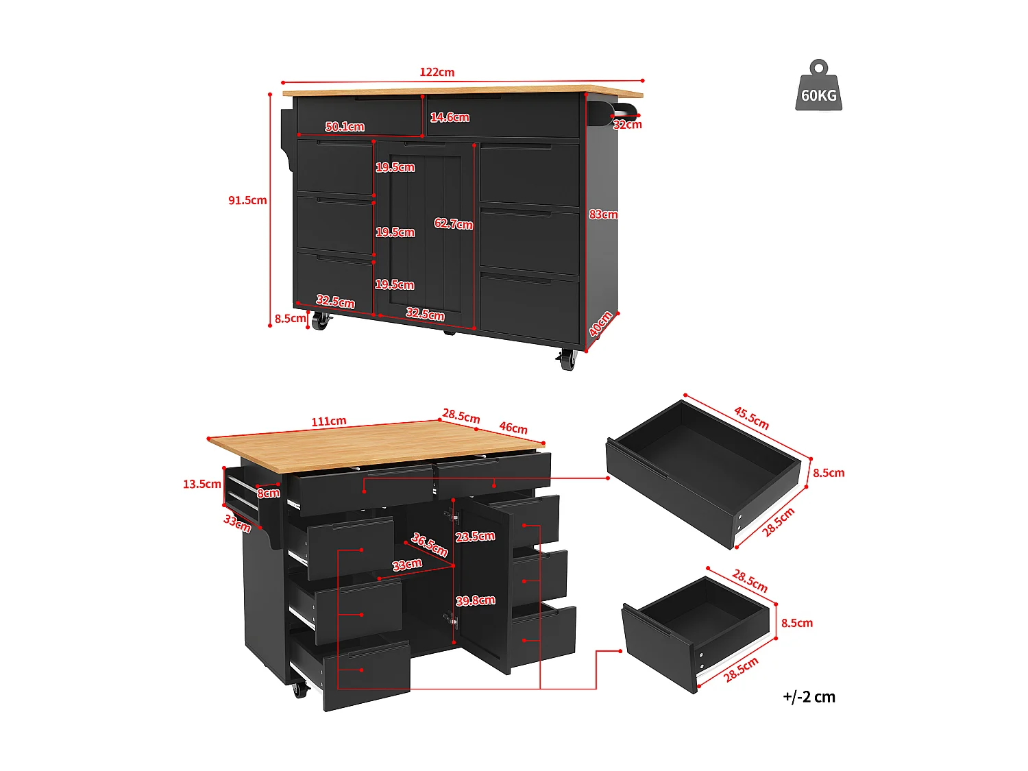 Köksö på hjul - 122 x 40 x 91,5 cm - utdragbar köksvagn med 8 lådor - MDF - svart