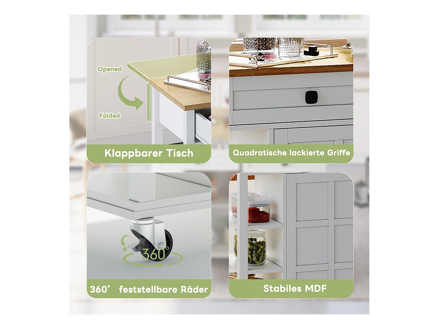 Wyspa kuchenna na kółkach - 120 x 40 x 89 - z rozkładanym składanym blatem + 2 szuflady + 2 drzwi - MDF - biała