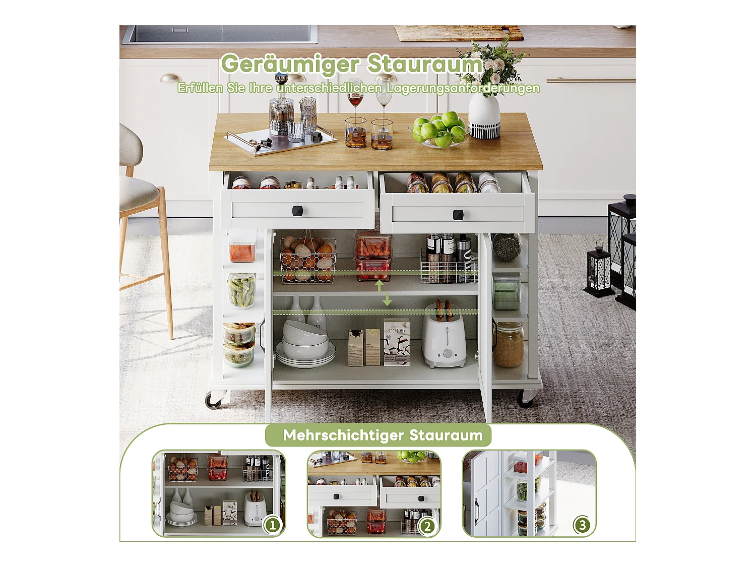 Wyspa kuchenna na kółkach - 120 x 40 x 89 - z rozkładanym składanym blatem + 2 szuflady + 2 drzwi - MDF - biała