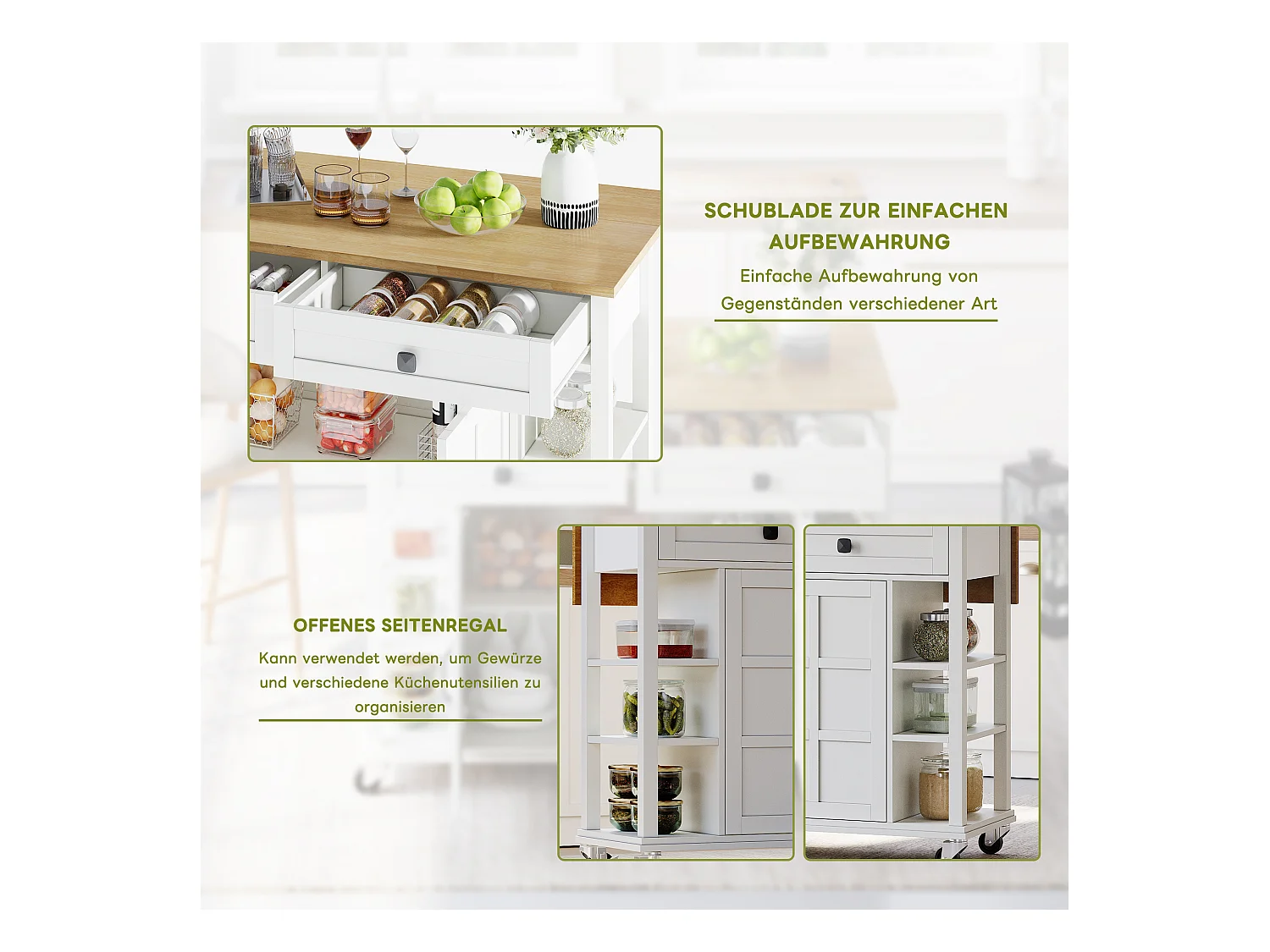 Wyspa kuchenna na kółkach - 120 x 40 x 89 - z rozkładanym składanym blatem + 2 szuflady + 2 drzwi - MDF - biała