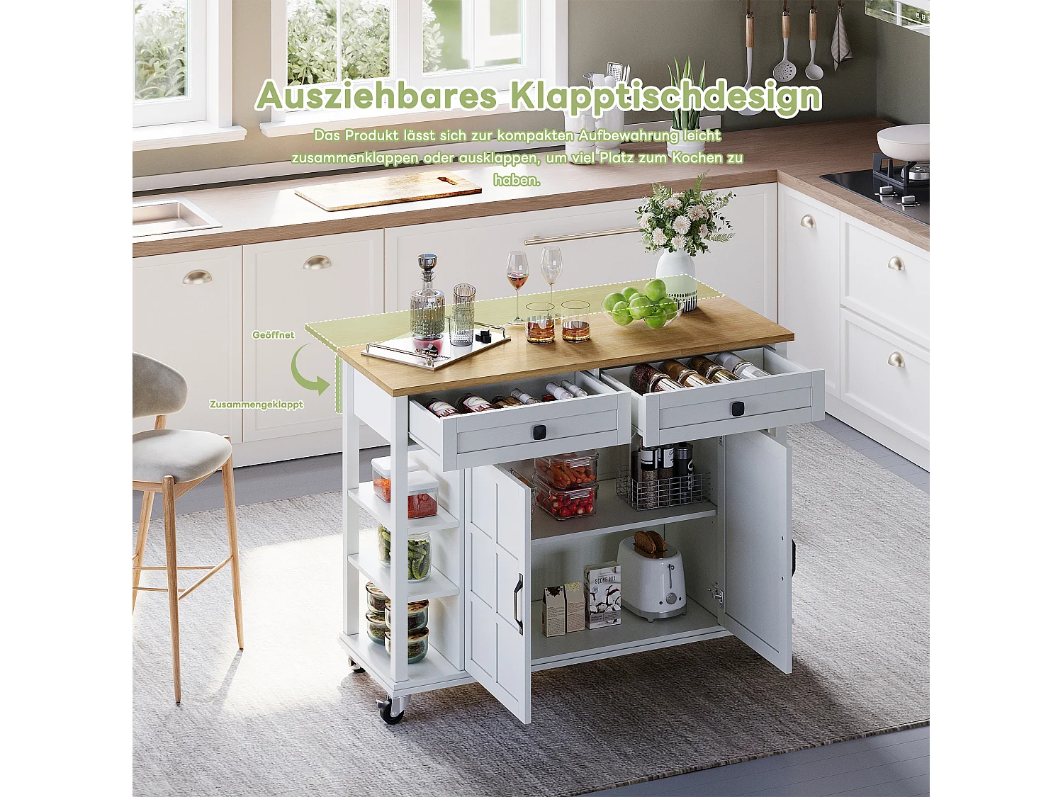 Îlot de cuisine à roulettes - 120 x 40 x 89 -  avec plan rabattable extensible + 2 tiroirs + 2 portes - MDF - blanc