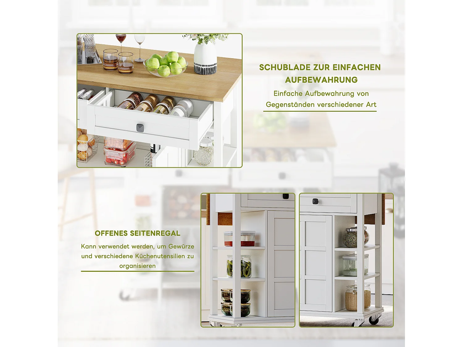 Îlot de cuisine à roulettes - 120 x 40 x 89 -  avec plan rabattable extensible + 2 tiroirs + 2 portes - MDF - blanc