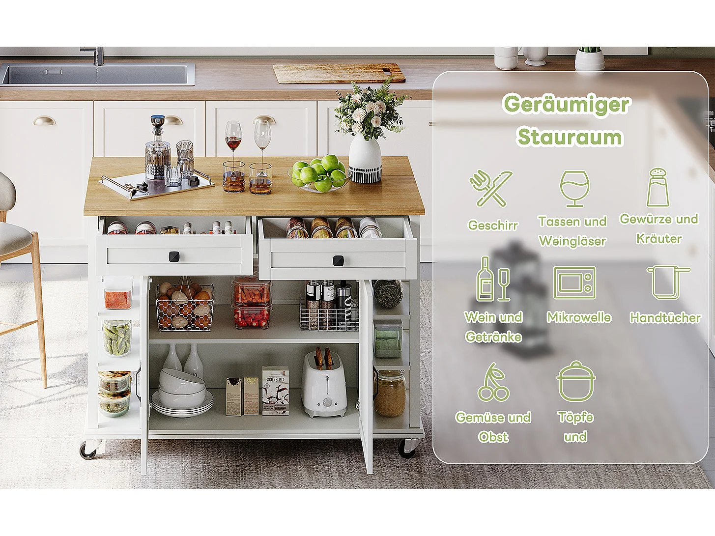 Îlot de cuisine à roulettes - 120 x 40 x 89 -  avec plan rabattable extensible + 2 tiroirs + 2 portes - MDF - blanc