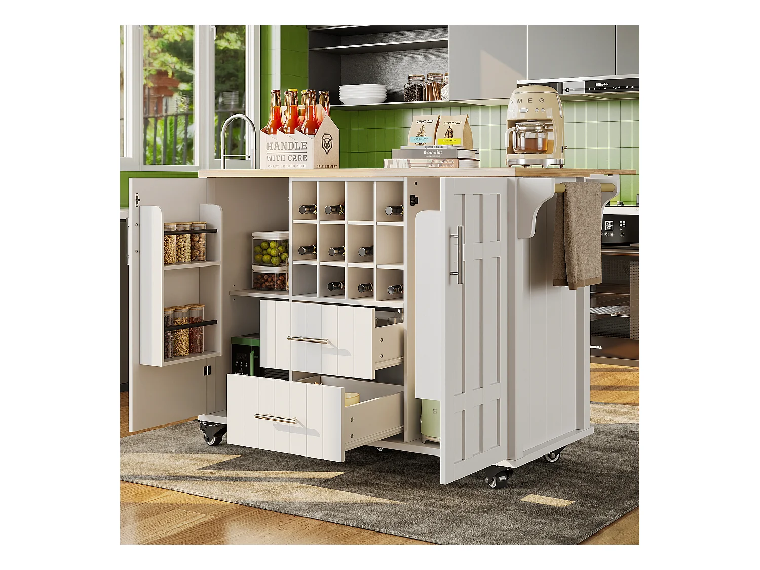 Wyspa kuchenna na kółkach - 140 x 40 x 94,5 - z 2 szufladami + regał na wino + schowek - MDF + Metal - biała