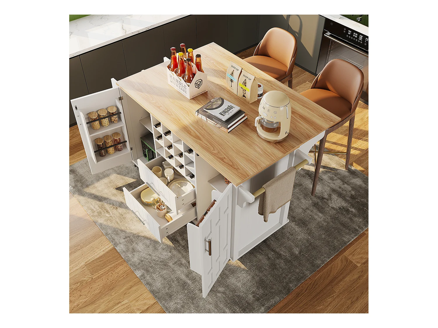 Wyspa kuchenna na kółkach - 140 x 40 x 94,5 - z 2 szufladami + regał na wino + schowek - MDF + Metal - biała