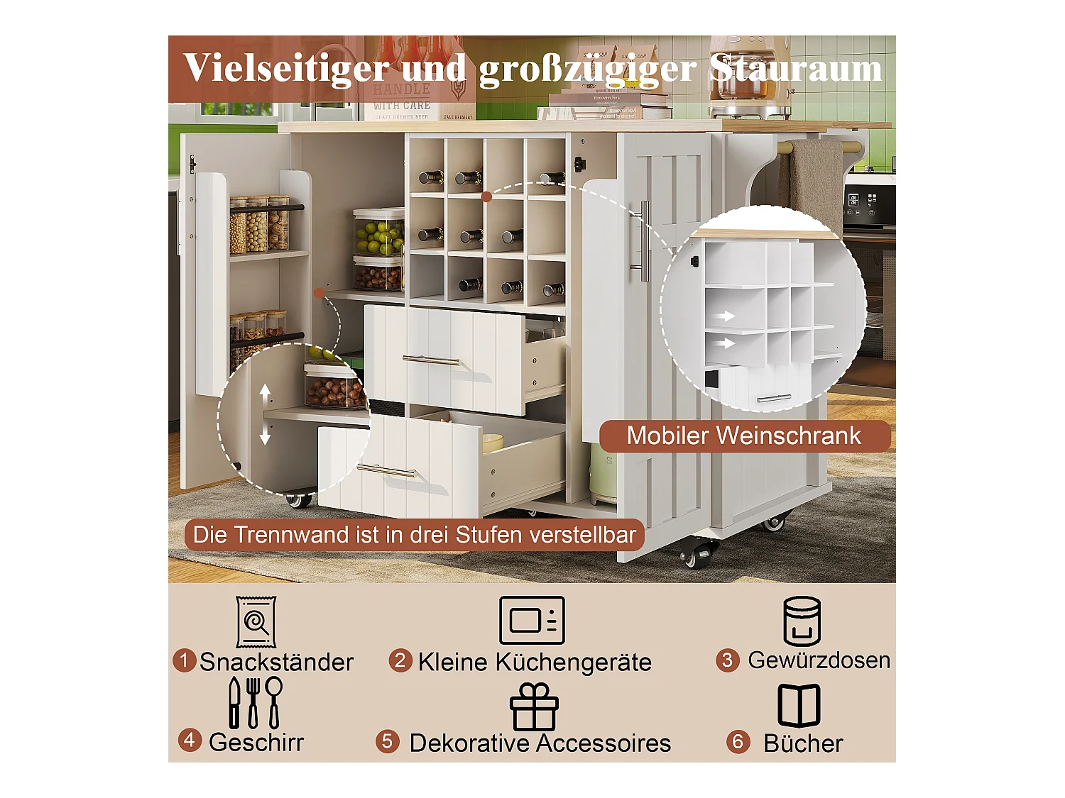 Wyspa kuchenna na kółkach - 140 x 40 x 94,5 - z 2 szufladami + regał na wino + schowek - MDF + Metal - biała