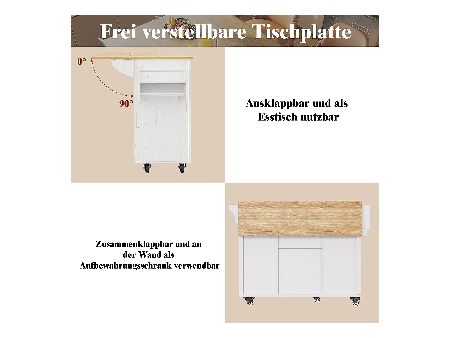 Wyspa kuchenna na kółkach - 140 x 40 x 94,5 - z 2 szufladami + regał na wino + schowek - MDF + Metal - biała