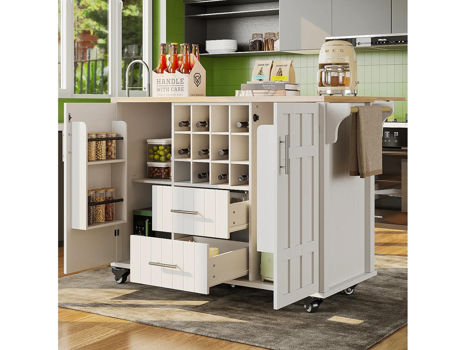 Îlot de cuisine à roulettes - 140 x 40 x 94.5 - avec 2 tiroirs + casier à vin + rangement - MDF + Métal - blanc