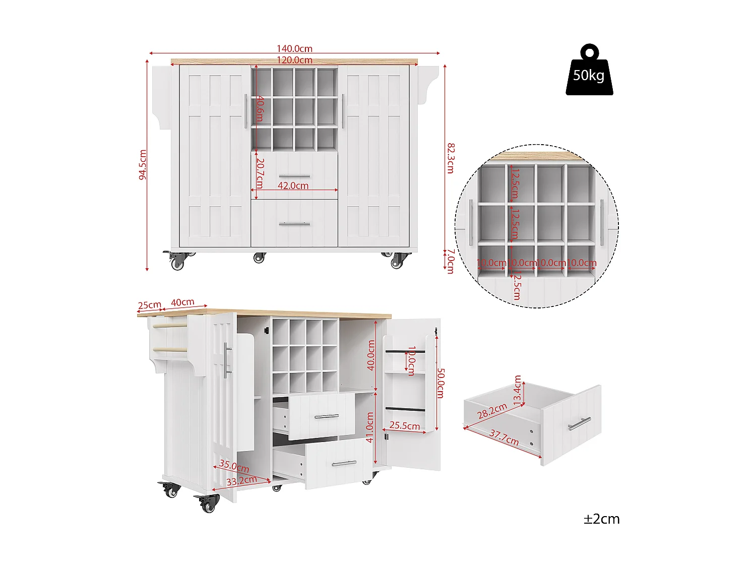 Îlot de cuisine à roulettes - 140 x 40 x 94.5 - avec 2 tiroirs + casier à vin + rangement - MDF + Métal - blanc