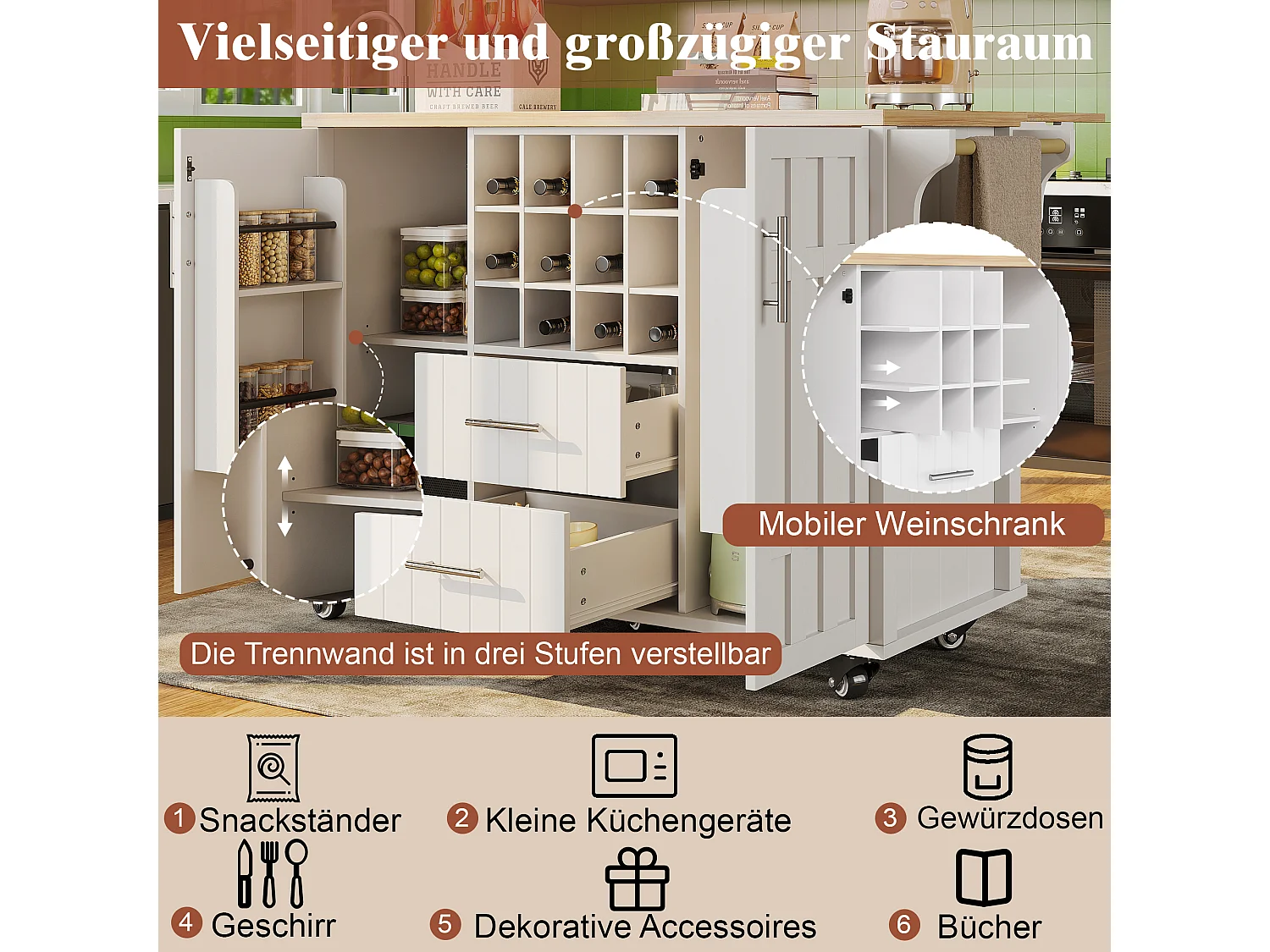 Îlot de cuisine à roulettes - 140 x 40 x 94.5 - avec 2 tiroirs + casier à vin + rangement - MDF + Métal - blanc
