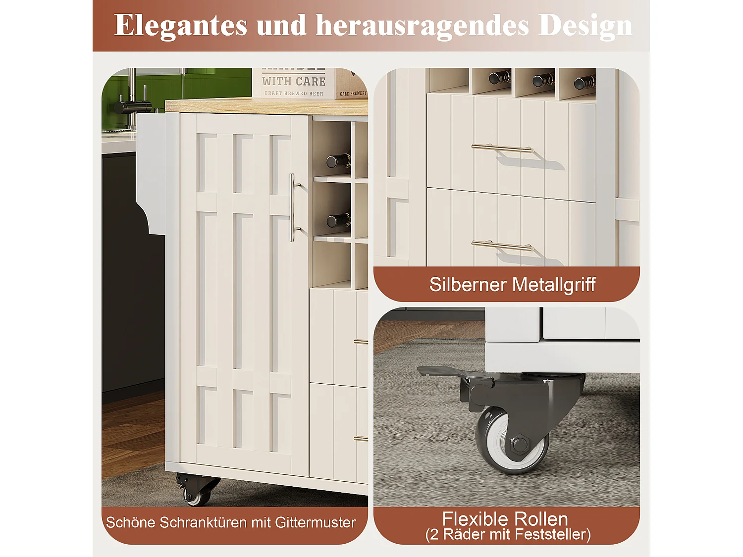 Îlot de cuisine à roulettes - 140 x 40 x 94.5 - avec 2 tiroirs + casier à vin + rangement - MDF + Métal - blanc