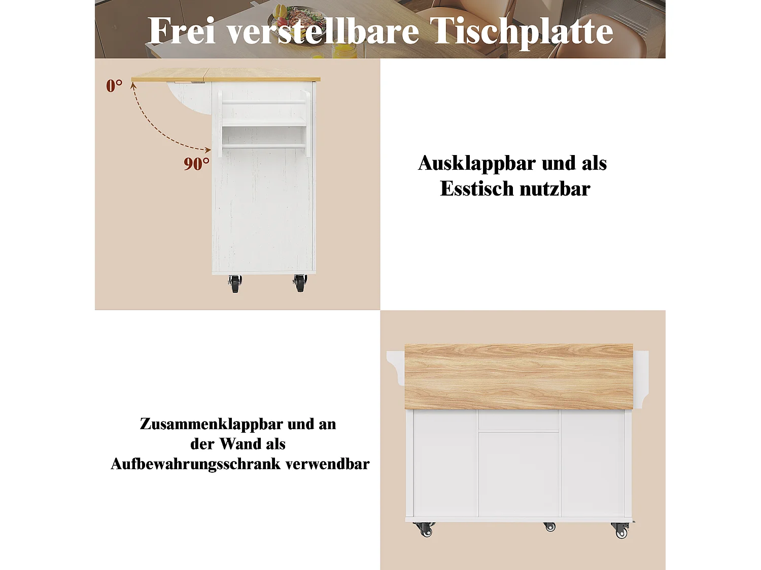 Îlot de cuisine à roulettes - 140 x 40 x 94.5 - avec 2 tiroirs + casier à vin + rangement - MDF + Métal - blanc