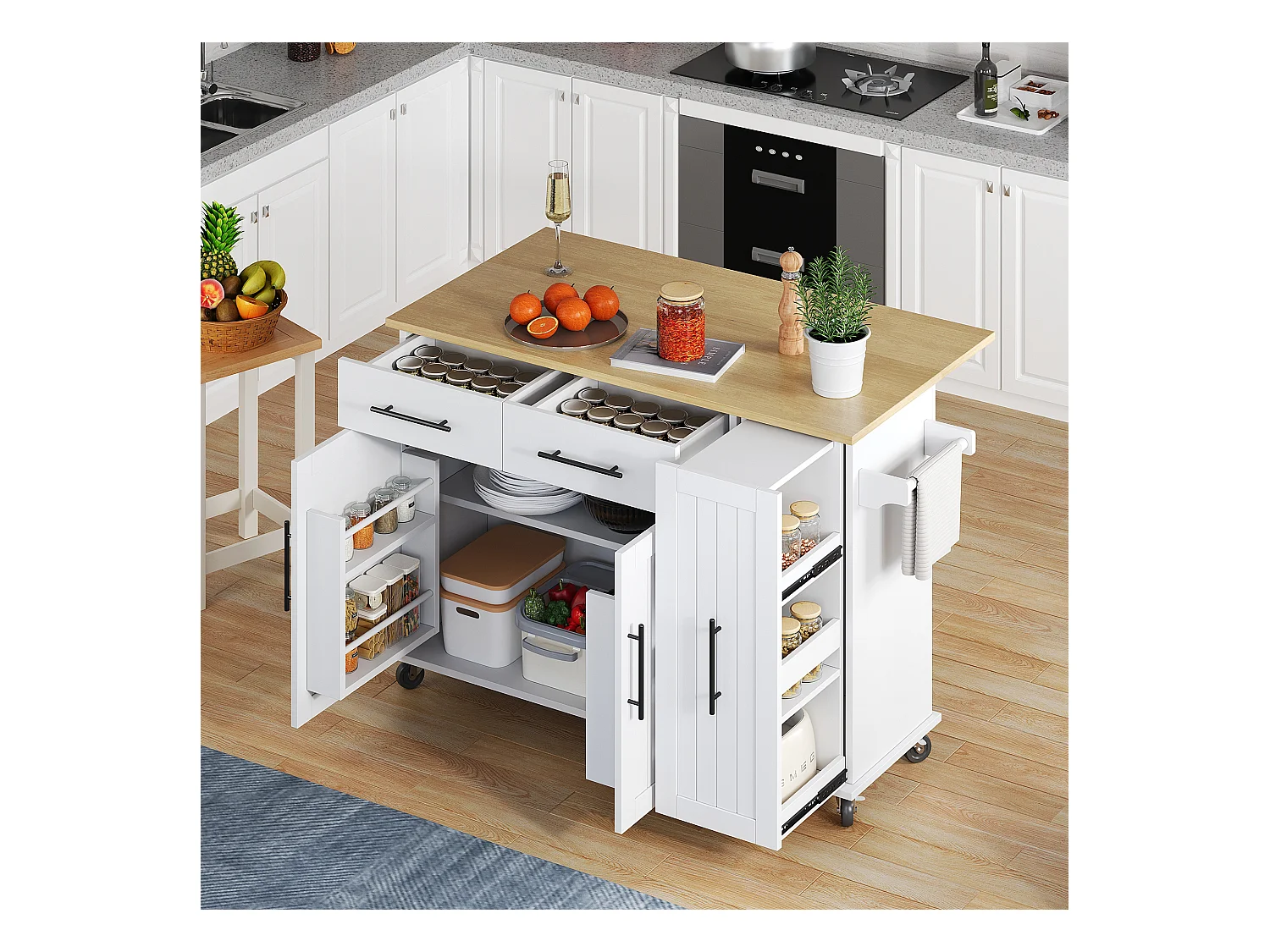 Îlot de cuisine à roulettes - 120 x 40 x 90 cm - avec rangement coulissant + avec 2 tiroirs + 2 portes - blanc