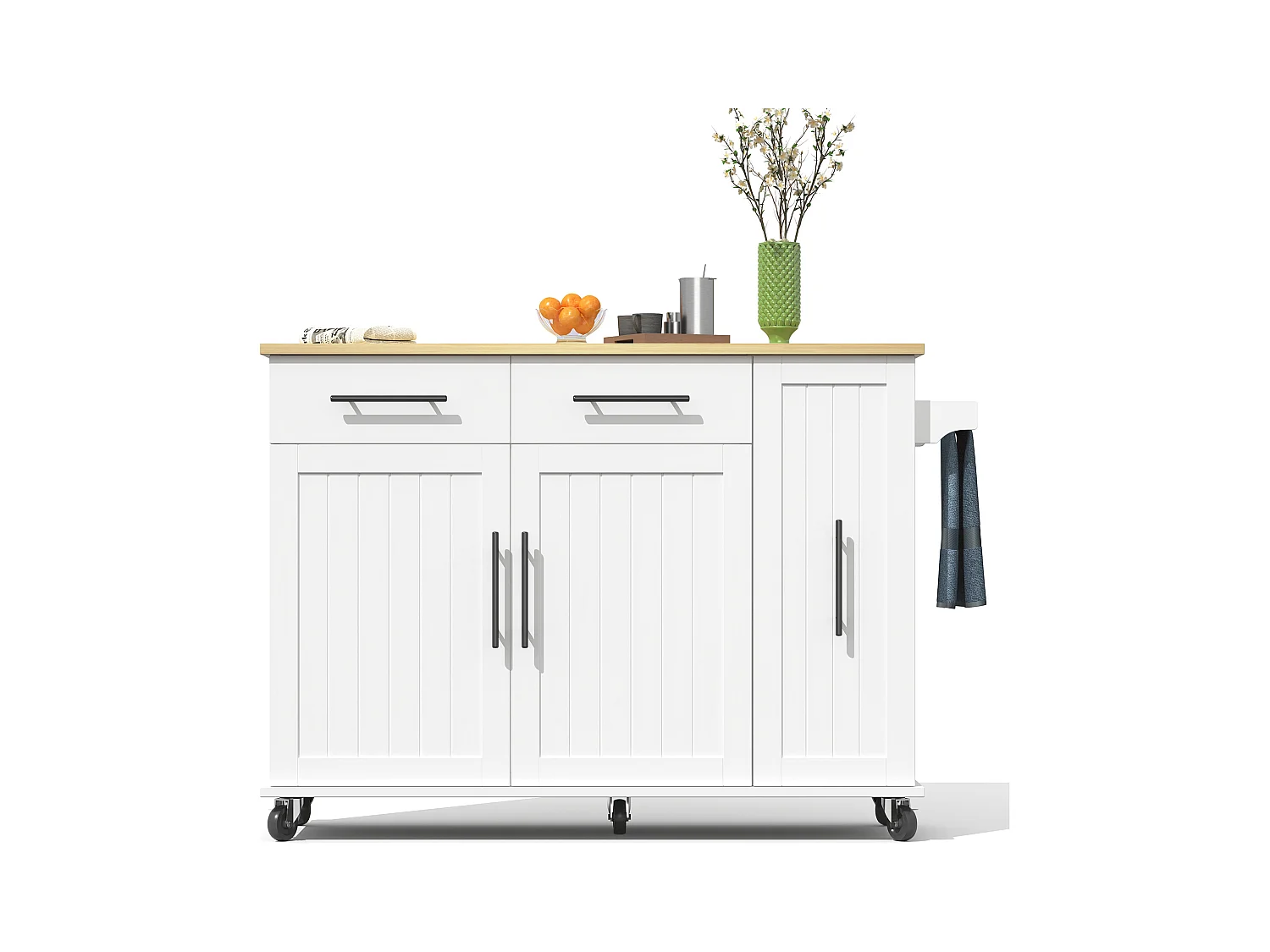 Îlot de cuisine à roulettes - 120 x 40 x 90 cm - avec rangement coulissant + avec 2 tiroirs + 2 portes - blanc