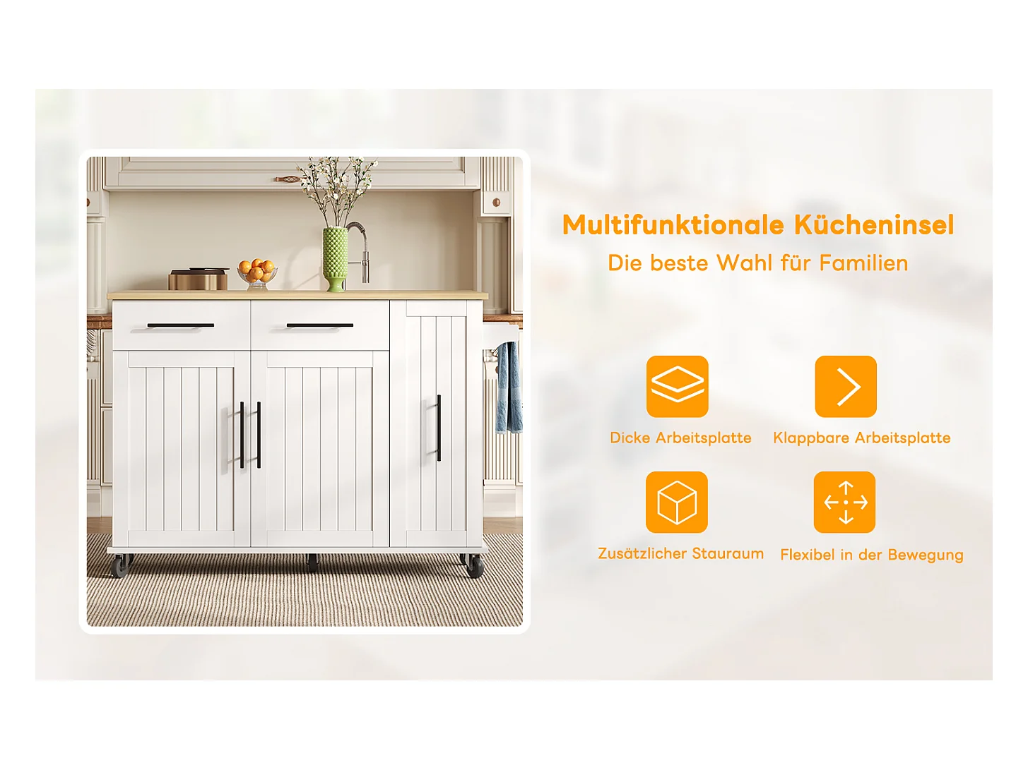 Îlot de cuisine à roulettes - 120 x 40 x 90 cm - avec rangement coulissant + avec 2 tiroirs + 2 portes - blanc