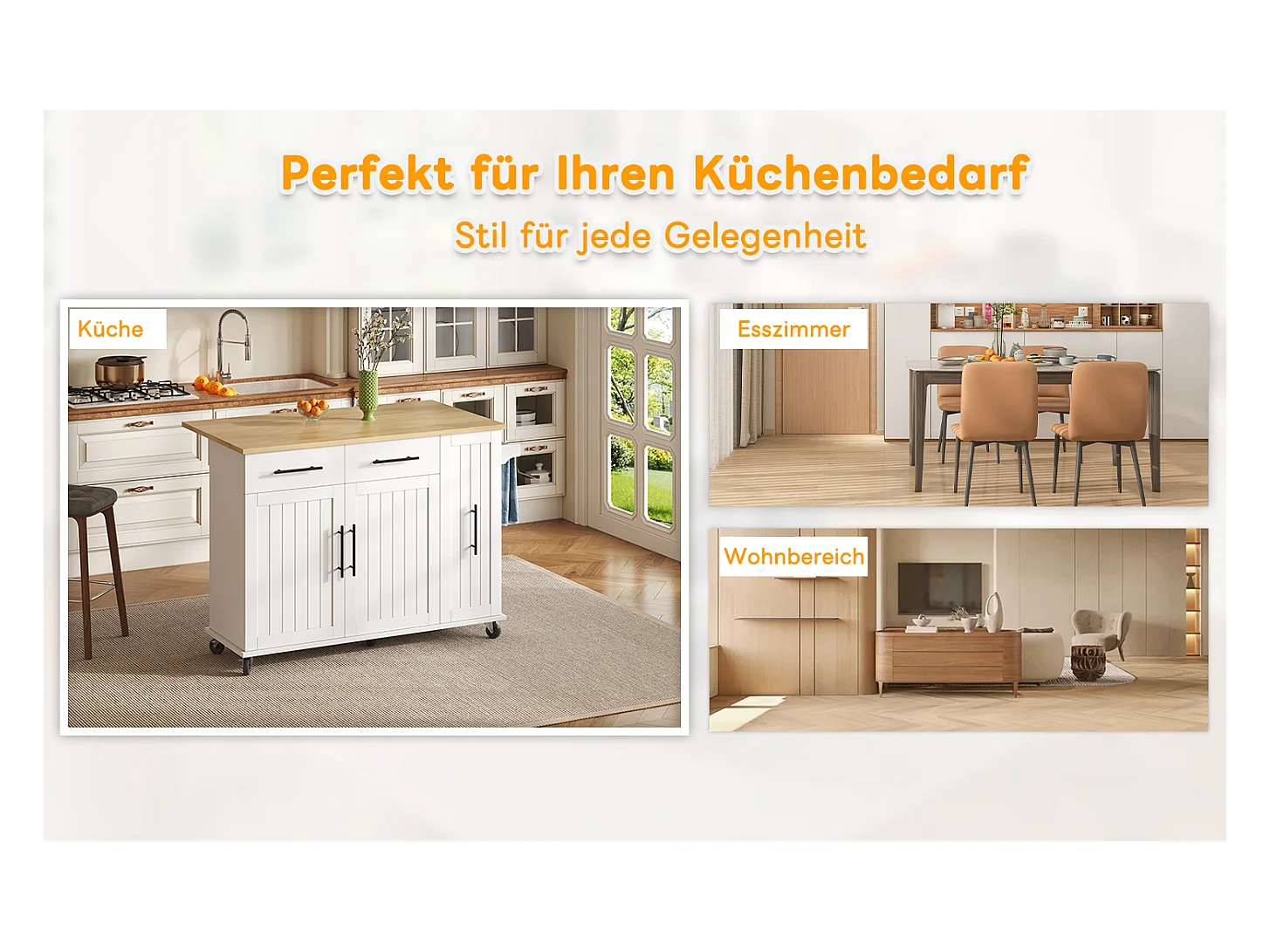 Îlot de cuisine à roulettes - 120 x 40 x 90 cm - avec rangement coulissant + avec 2 tiroirs + 2 portes - blanc