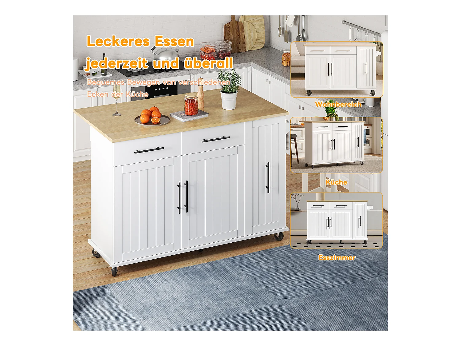 Îlot de cuisine à roulettes - 120 x 40 x 90 cm - avec rangement coulissant + avec 2 tiroirs + 2 portes - blanc