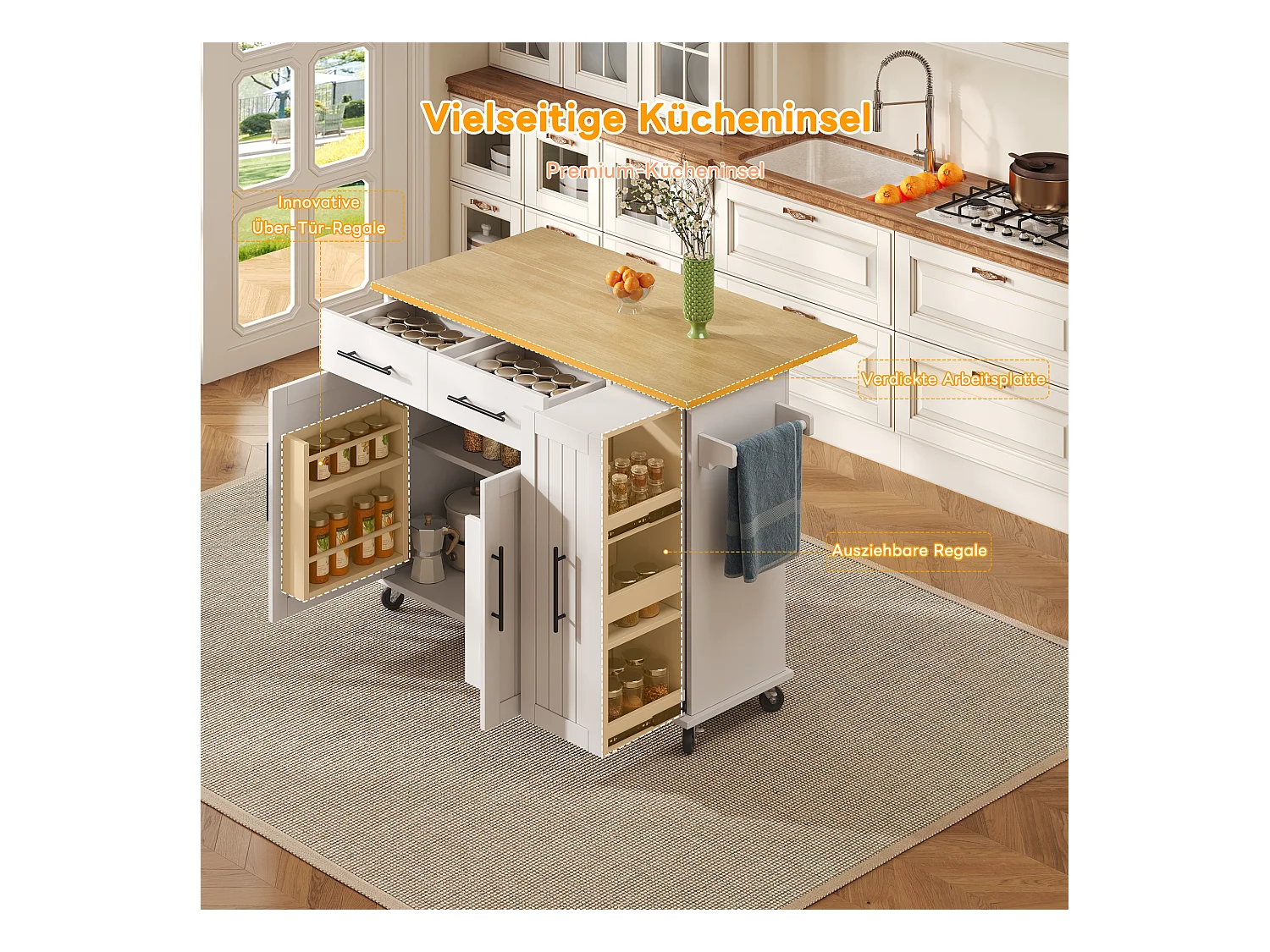 Îlot de cuisine à roulettes - 120 x 40 x 90 cm - avec rangement coulissant + avec 2 tiroirs + 2 portes - blanc