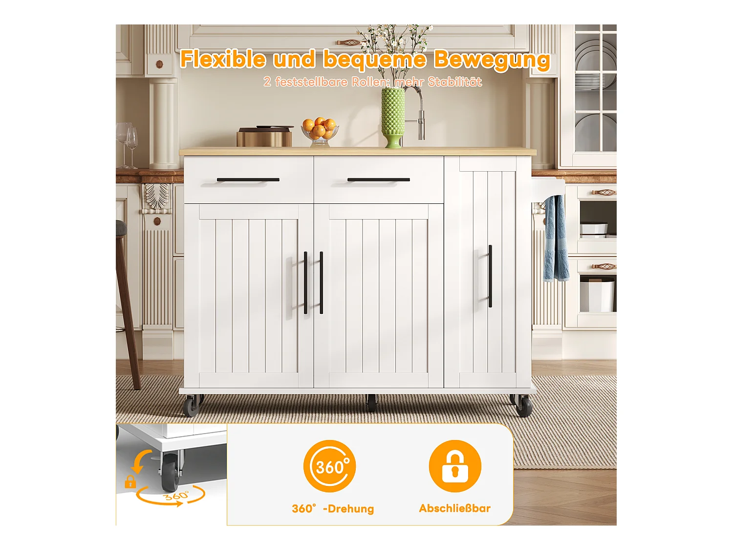 Îlot de cuisine à roulettes - 120 x 40 x 90 cm - avec rangement coulissant + avec 2 tiroirs + 2 portes - blanc