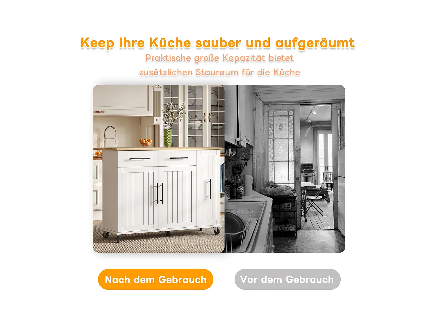 Îlot de cuisine à roulettes - 120 x 40 x 90 cm - avec rangement coulissant + avec 2 tiroirs + 2 portes - blanc