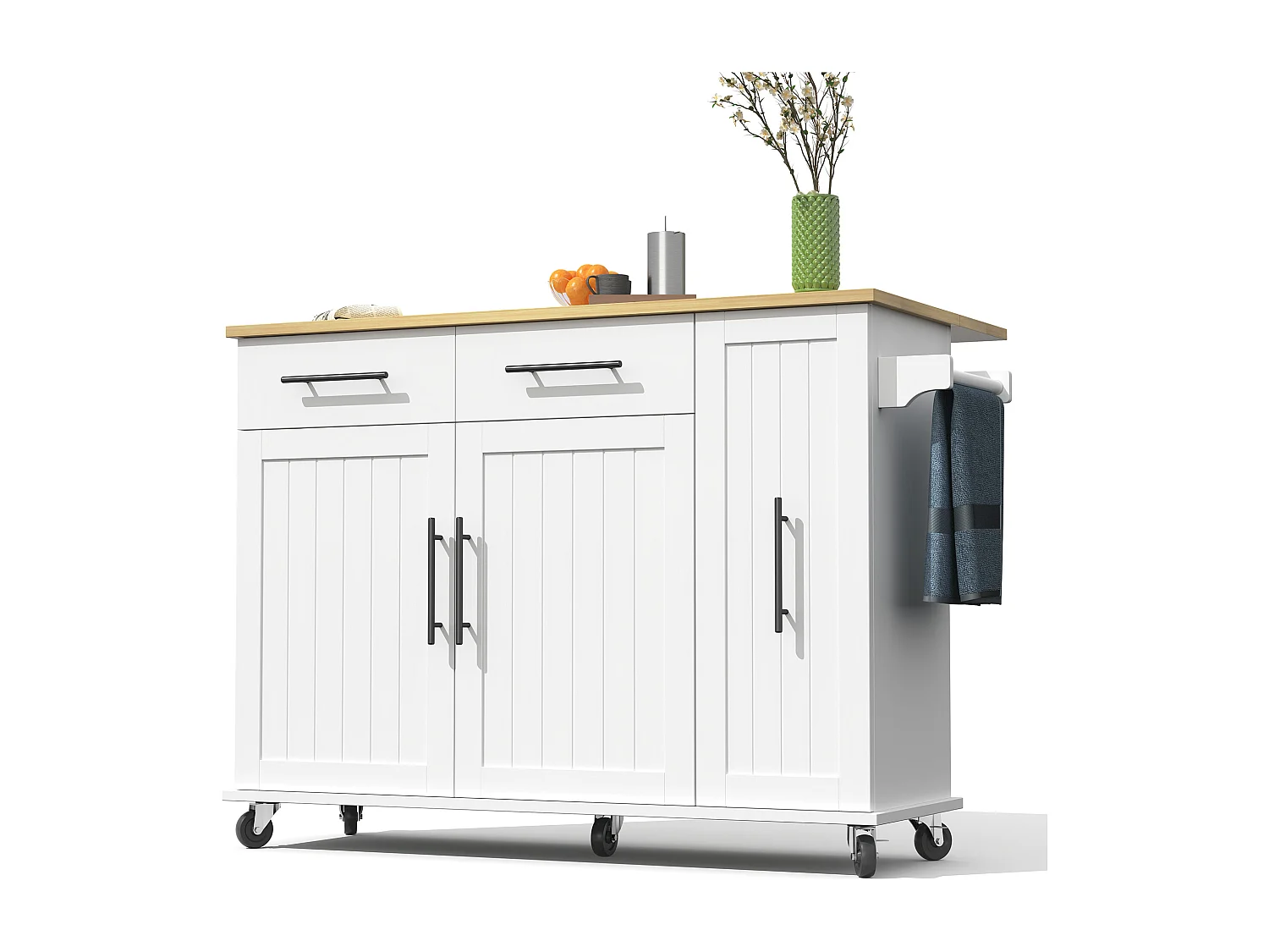 Îlot de cuisine à roulettes - 120 x 40 x 90 cm - avec rangement coulissant + avec 2 tiroirs + 2 portes - blanc