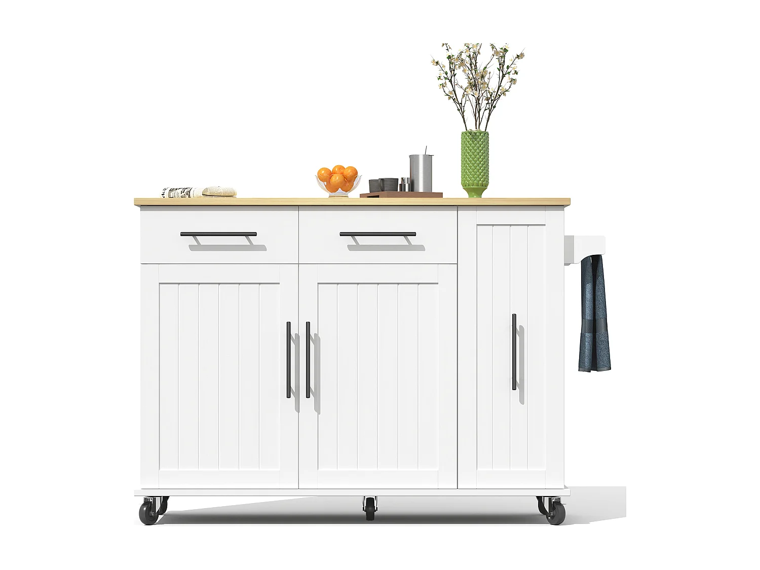 Îlot de cuisine à roulettes - 120 x 40 x 90 cm - avec rangement coulissant + avec 2 tiroirs + 2 portes - blanc