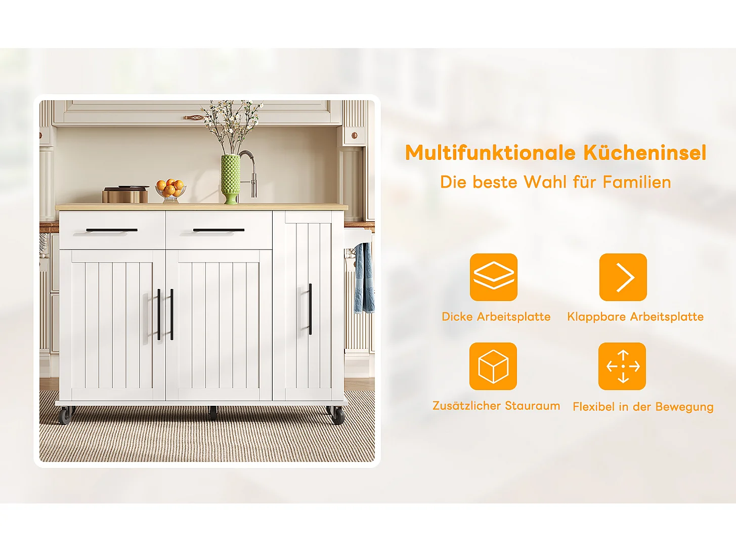 Îlot de cuisine à roulettes - 120 x 40 x 90 cm - avec rangement coulissant + avec 2 tiroirs + 2 portes - blanc