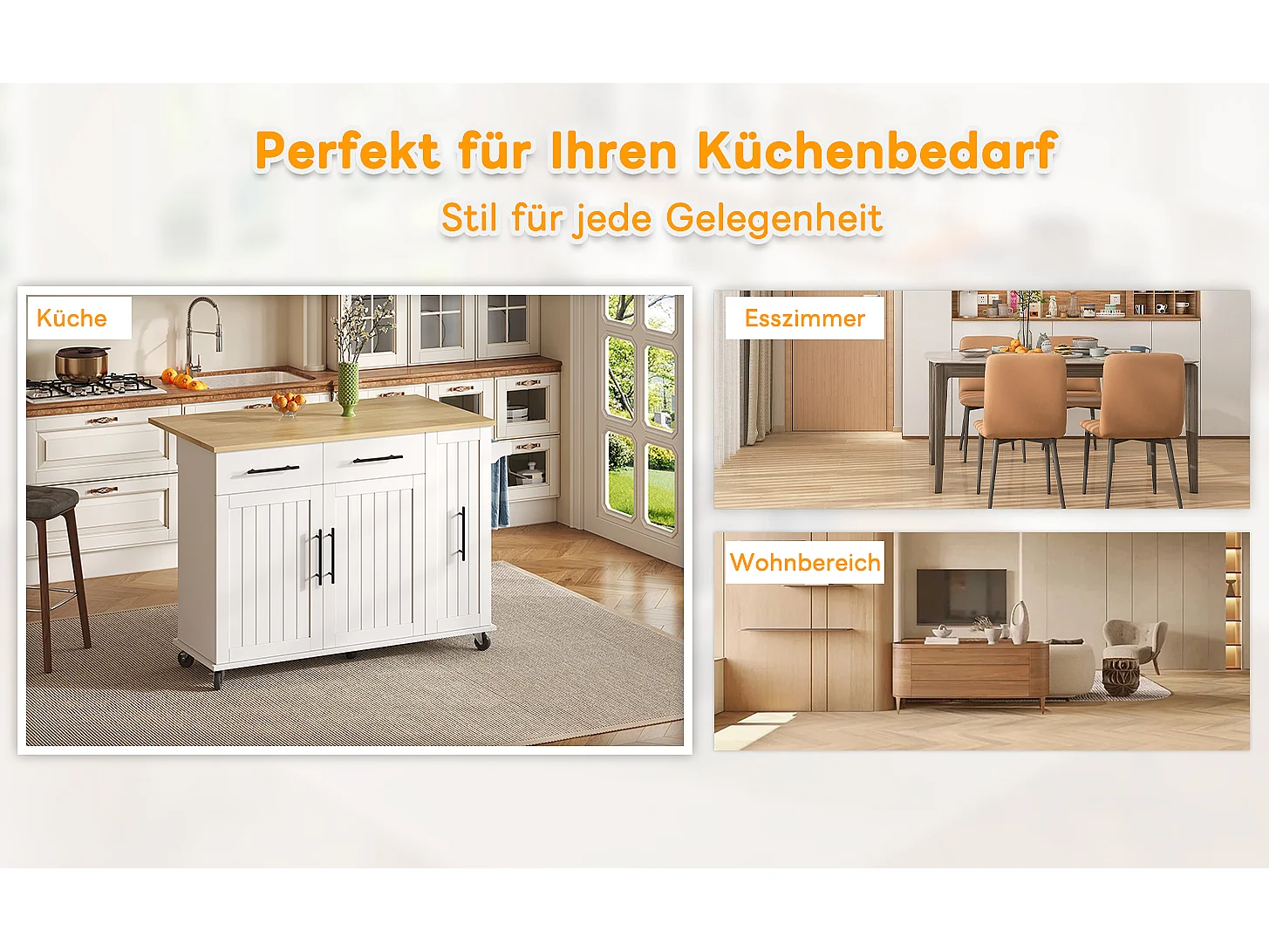 Îlot de cuisine à roulettes - 120 x 40 x 90 cm - avec rangement coulissant + avec 2 tiroirs + 2 portes - blanc