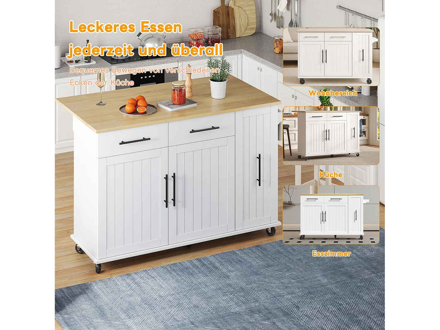 Îlot de cuisine à roulettes - 120 x 40 x 90 cm - avec rangement coulissant + avec 2 tiroirs + 2 portes - blanc