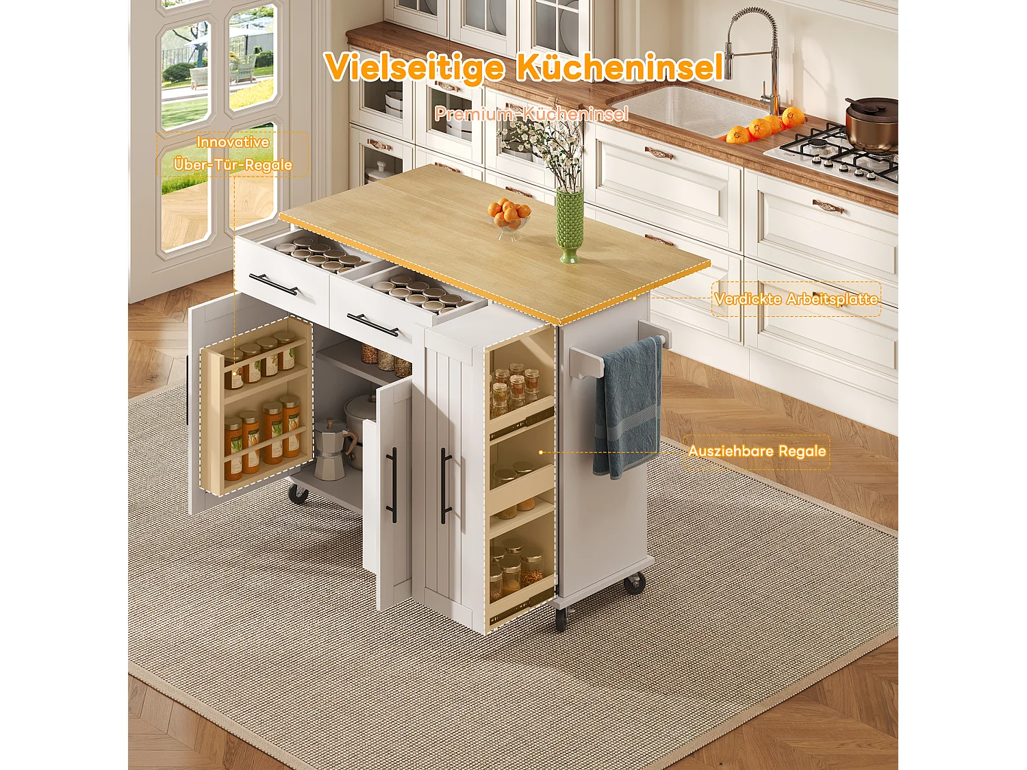 Îlot de cuisine à roulettes - 120 x 40 x 90 cm - avec rangement coulissant + avec 2 tiroirs + 2 portes - blanc