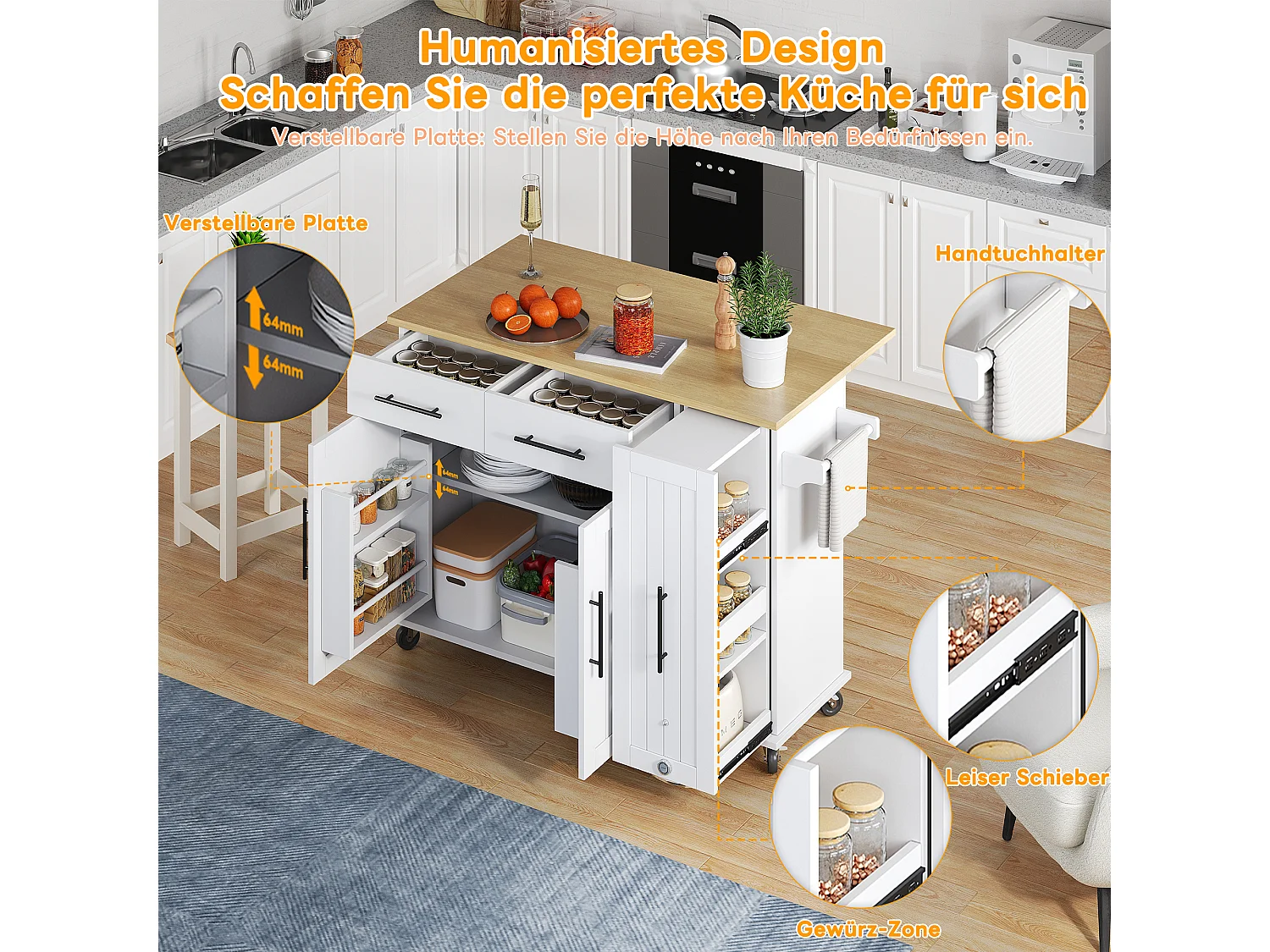 Îlot de cuisine à roulettes - 120 x 40 x 90 cm - avec rangement coulissant + avec 2 tiroirs + 2 portes - blanc