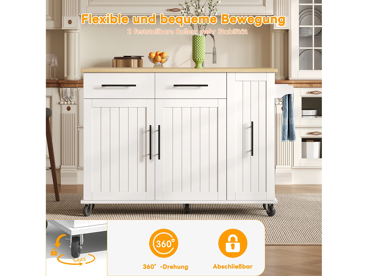 Îlot de cuisine à roulettes - 120 x 40 x 90 cm - avec rangement coulissant + avec 2 tiroirs + 2 portes - blanc