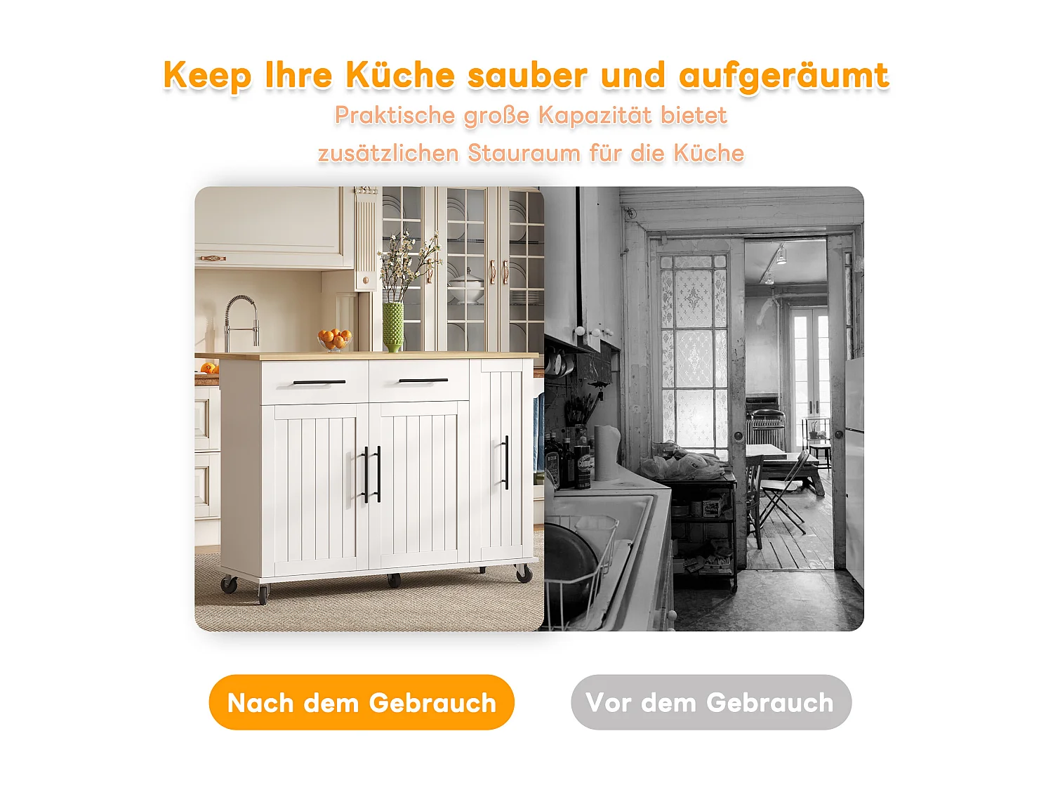 Îlot de cuisine à roulettes - 120 x 40 x 90 cm - avec rangement coulissant + avec 2 tiroirs + 2 portes - blanc