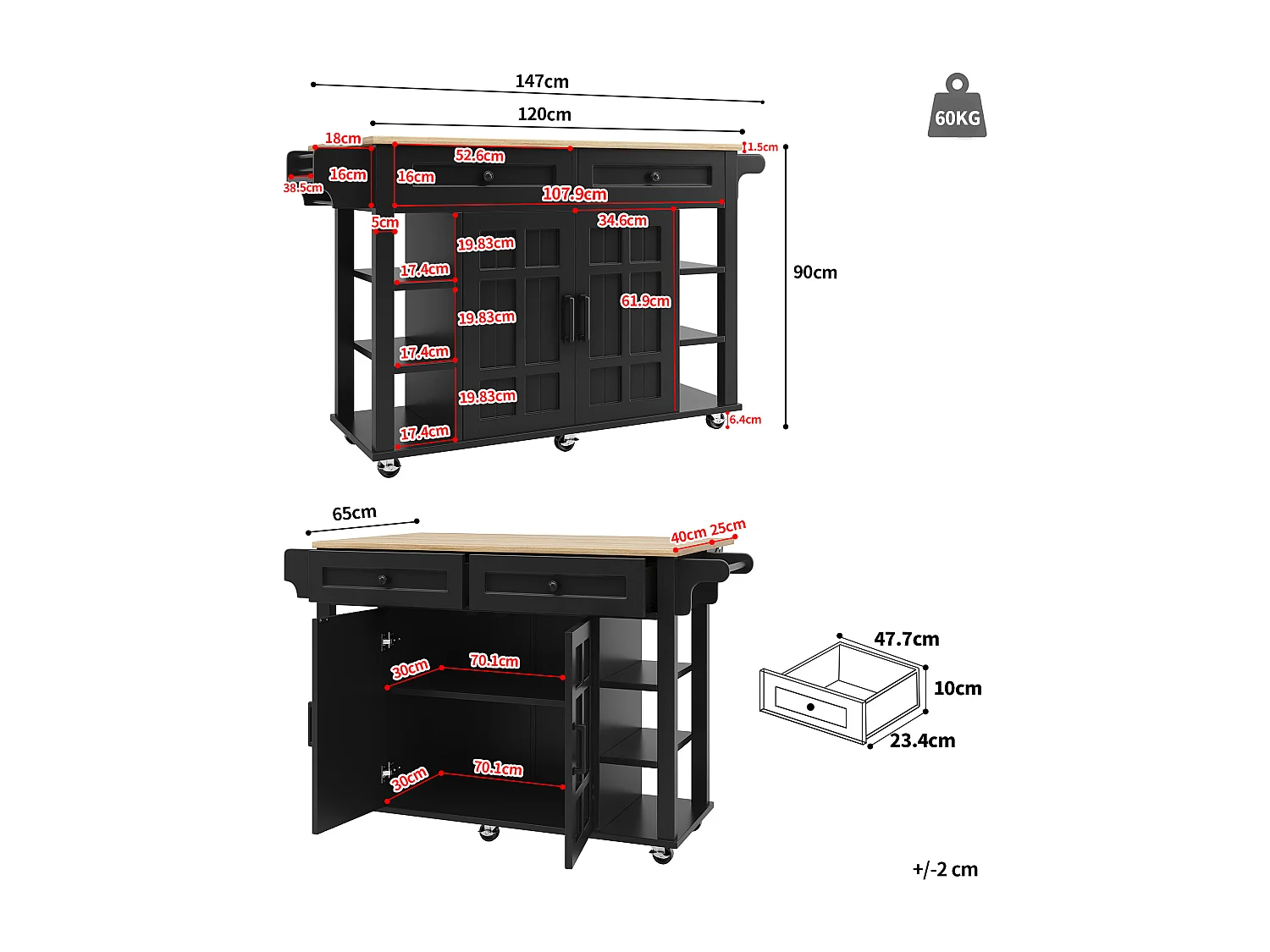 Îlot de cuisine à roulettes - 147 x 40 x 90 cm - avec séparateurs amovibles + 2 tiroirs + porte - MDF - noir
