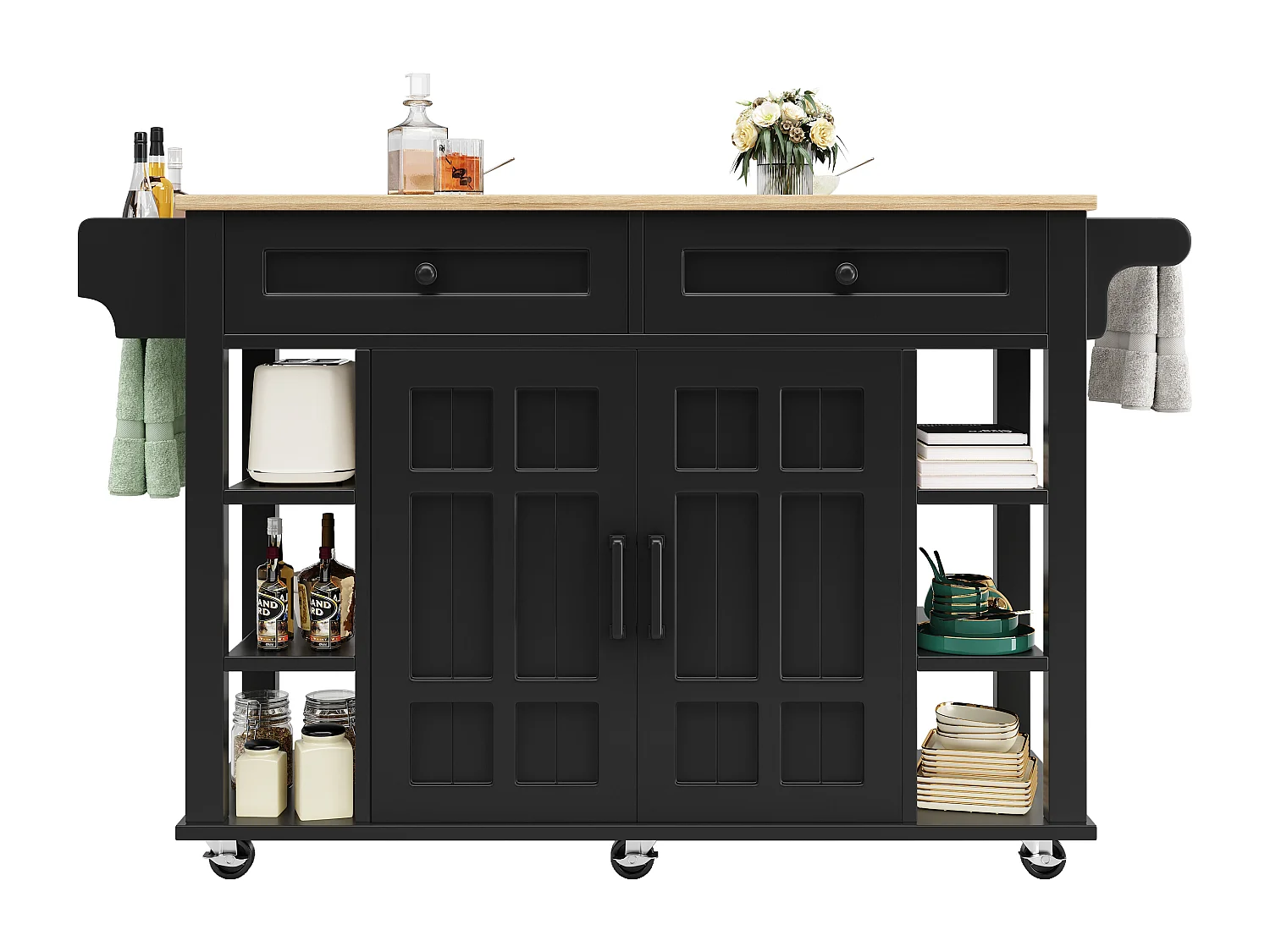 Îlot de cuisine à roulettes - 147 x 40 x 90 cm - avec séparateurs amovibles + 2 tiroirs + porte - MDF - noir