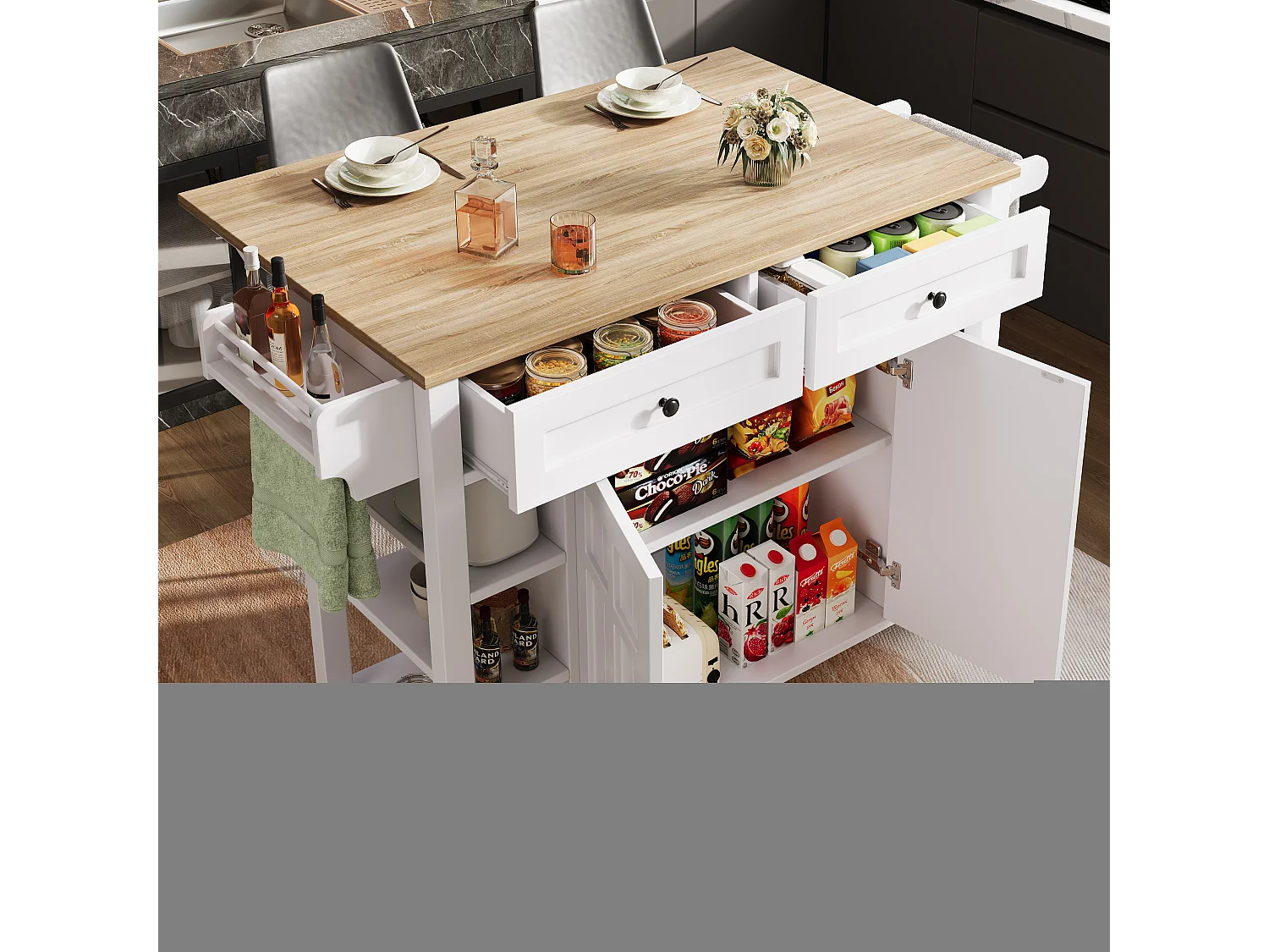 Îlot de cuisine à roulettes - 147 x 40 x 90 cm - avec séparateurs amovibles + 2 tiroirs + porte - MDF - blanc