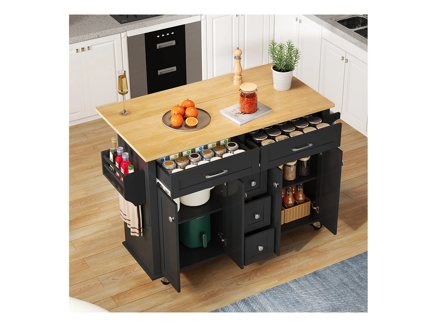 Wyspa kuchenna na kółkach - 140 x 65 x 89 cm - z wysuwanym blatem + 5 szuflad + 4 drzwi - czarna