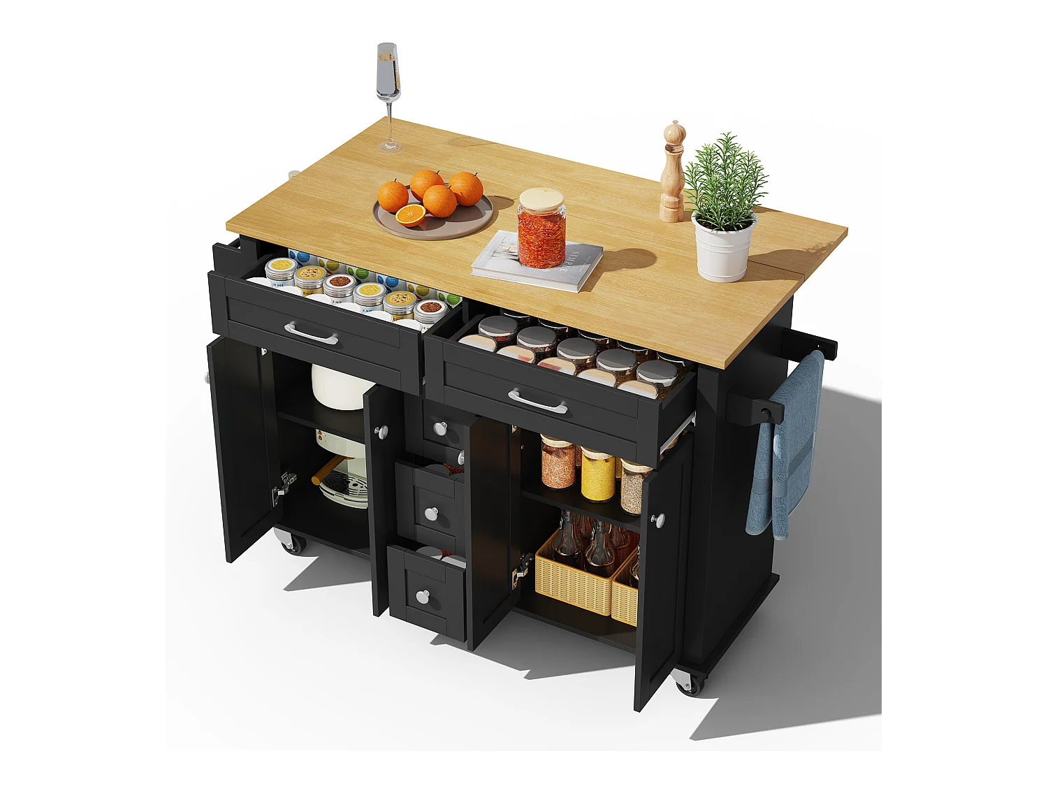 Wyspa kuchenna na kółkach - 140 x 65 x 89 cm - z wysuwanym blatem + 5 szuflad + 4 drzwi - czarna