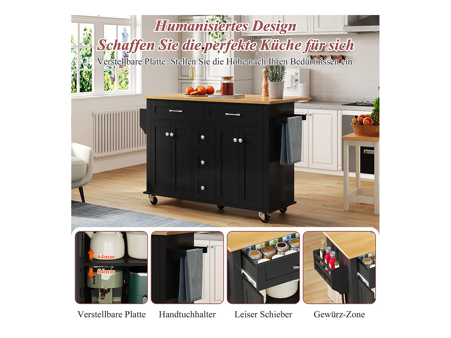 Wyspa kuchenna na kółkach - 140 x 65 x 89 cm - z wysuwanym blatem + 5 szuflad + 4 drzwi - czarna