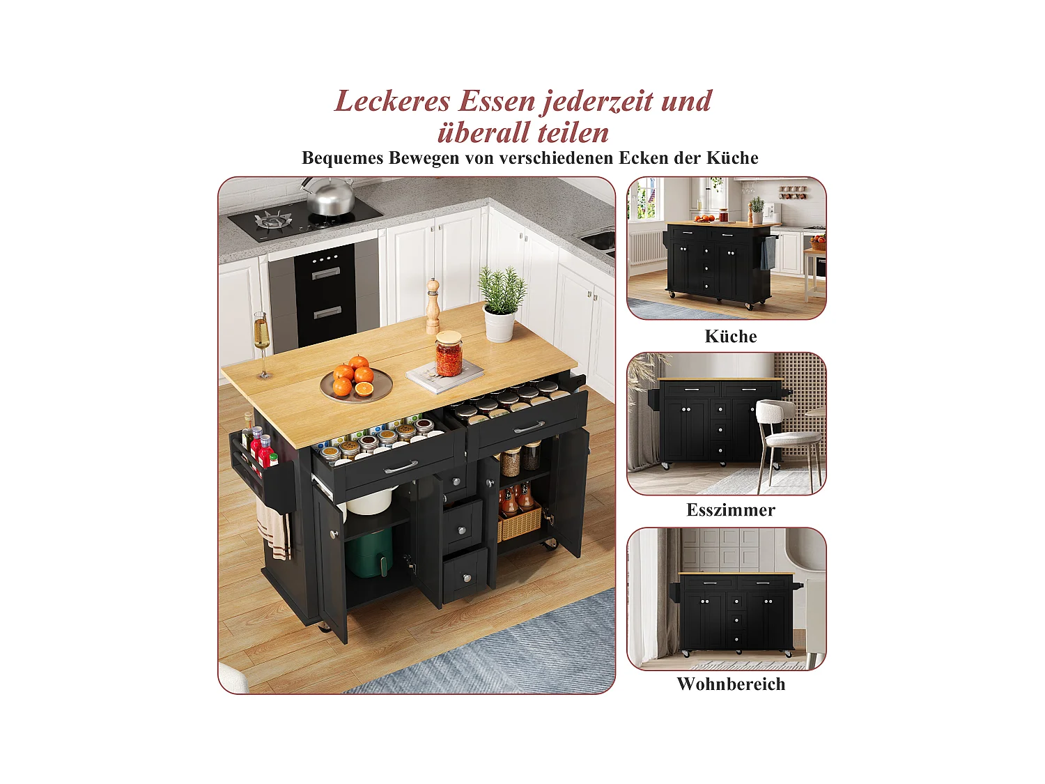 Wyspa kuchenna na kółkach - 140 x 65 x 89 cm - z wysuwanym blatem + 5 szuflad + 4 drzwi - czarna