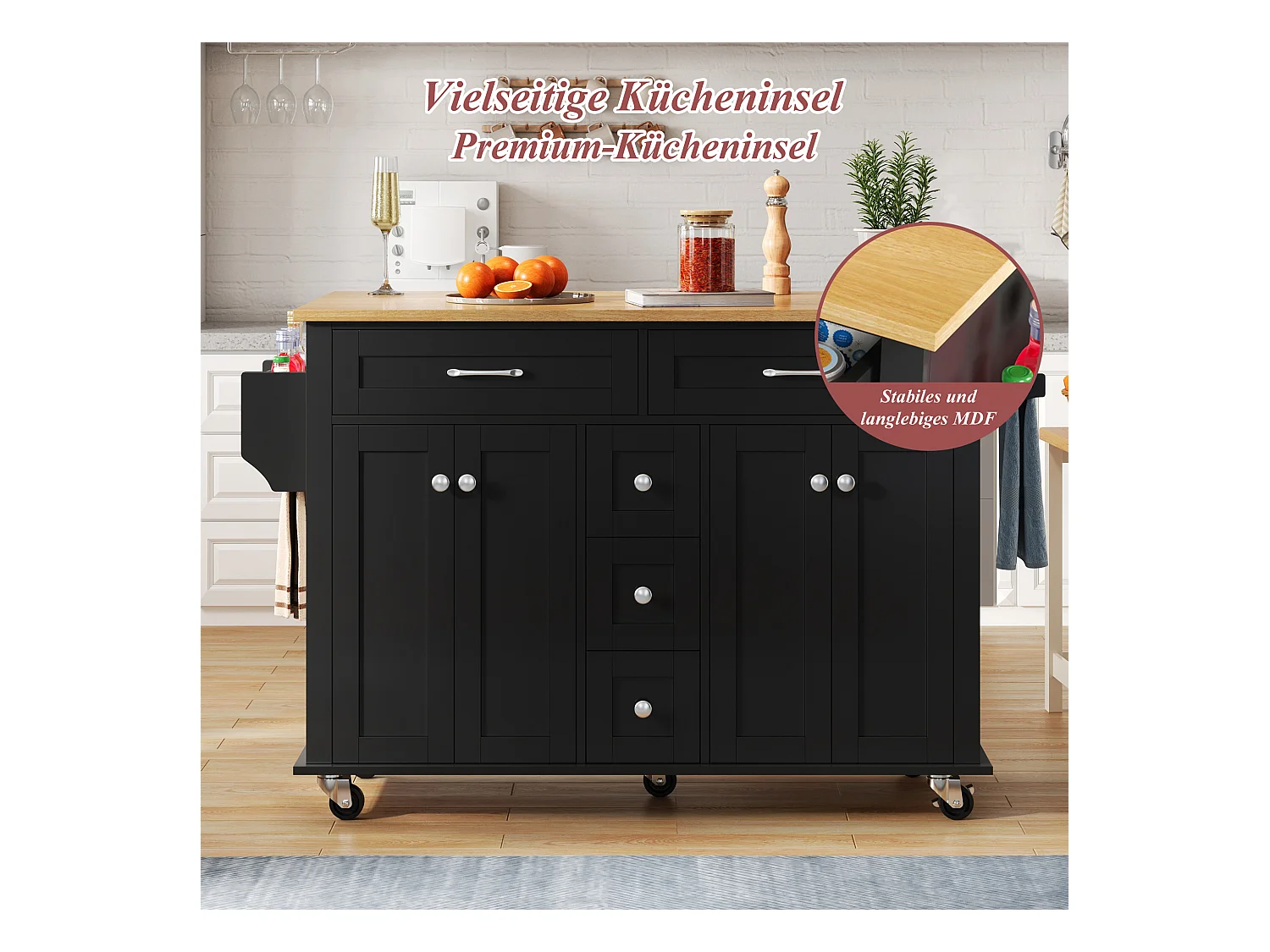 Wyspa kuchenna na kółkach - 140 x 65 x 89 cm - z wysuwanym blatem + 5 szuflad + 4 drzwi - czarna