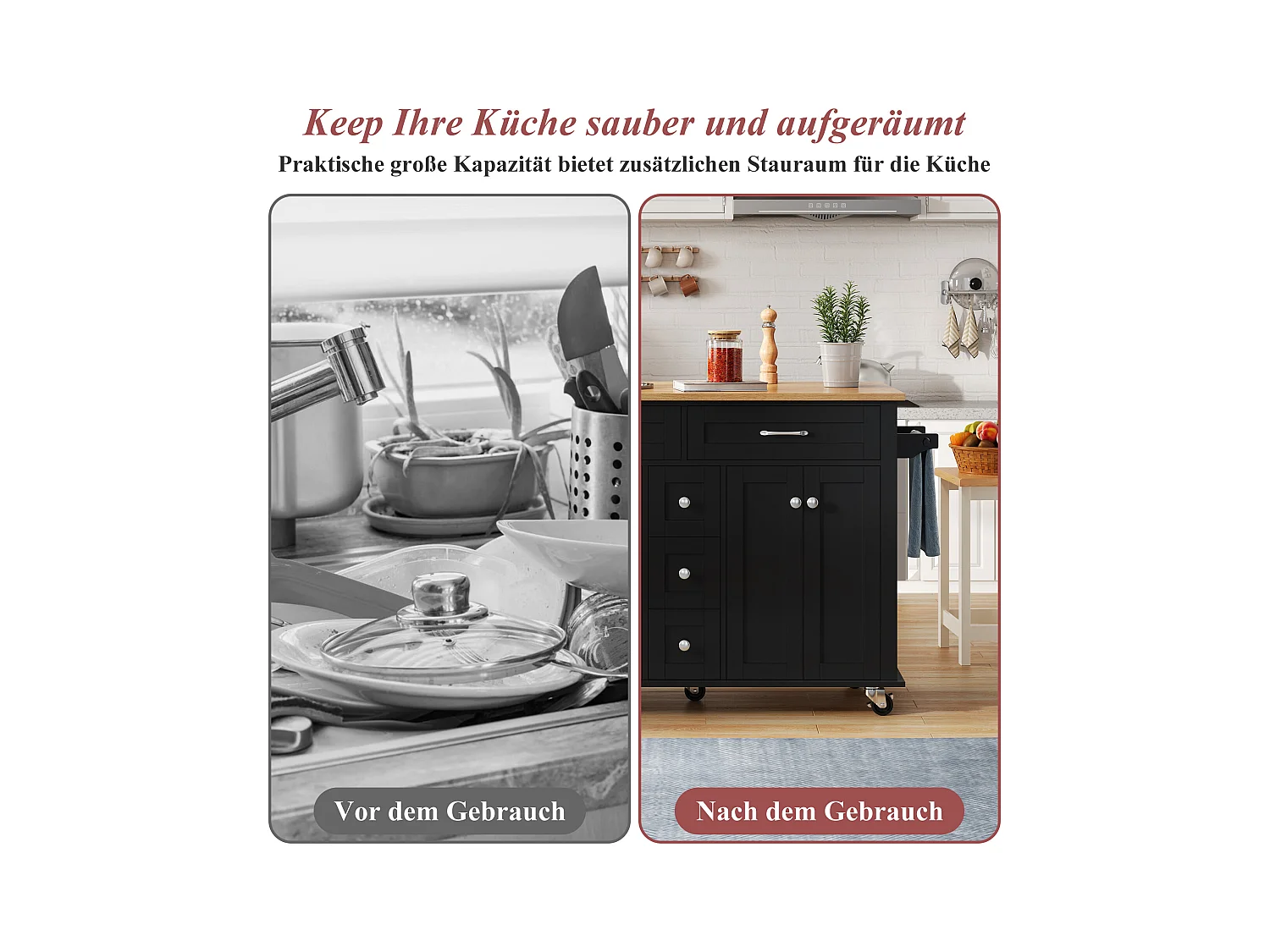 Wyspa kuchenna na kółkach - 140 x 65 x 89 cm - z wysuwanym blatem + 5 szuflad + 4 drzwi - czarna