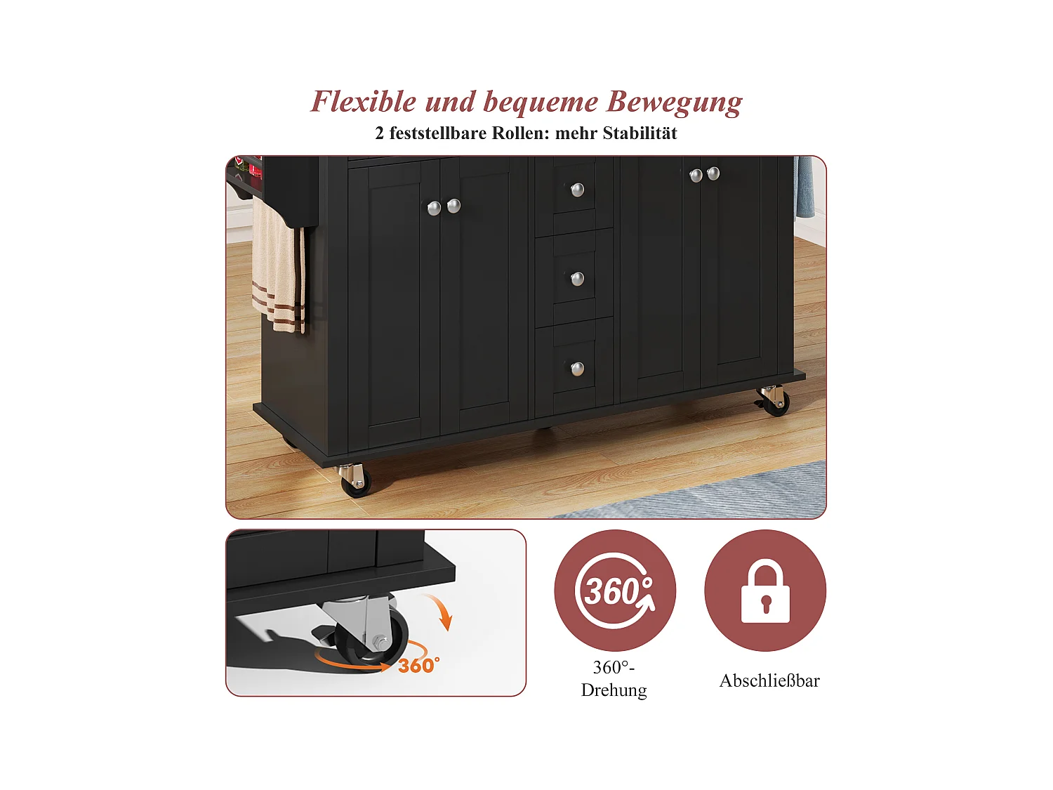 Wyspa kuchenna na kółkach - 140 x 65 x 89 cm - z wysuwanym blatem + 5 szuflad + 4 drzwi - czarna