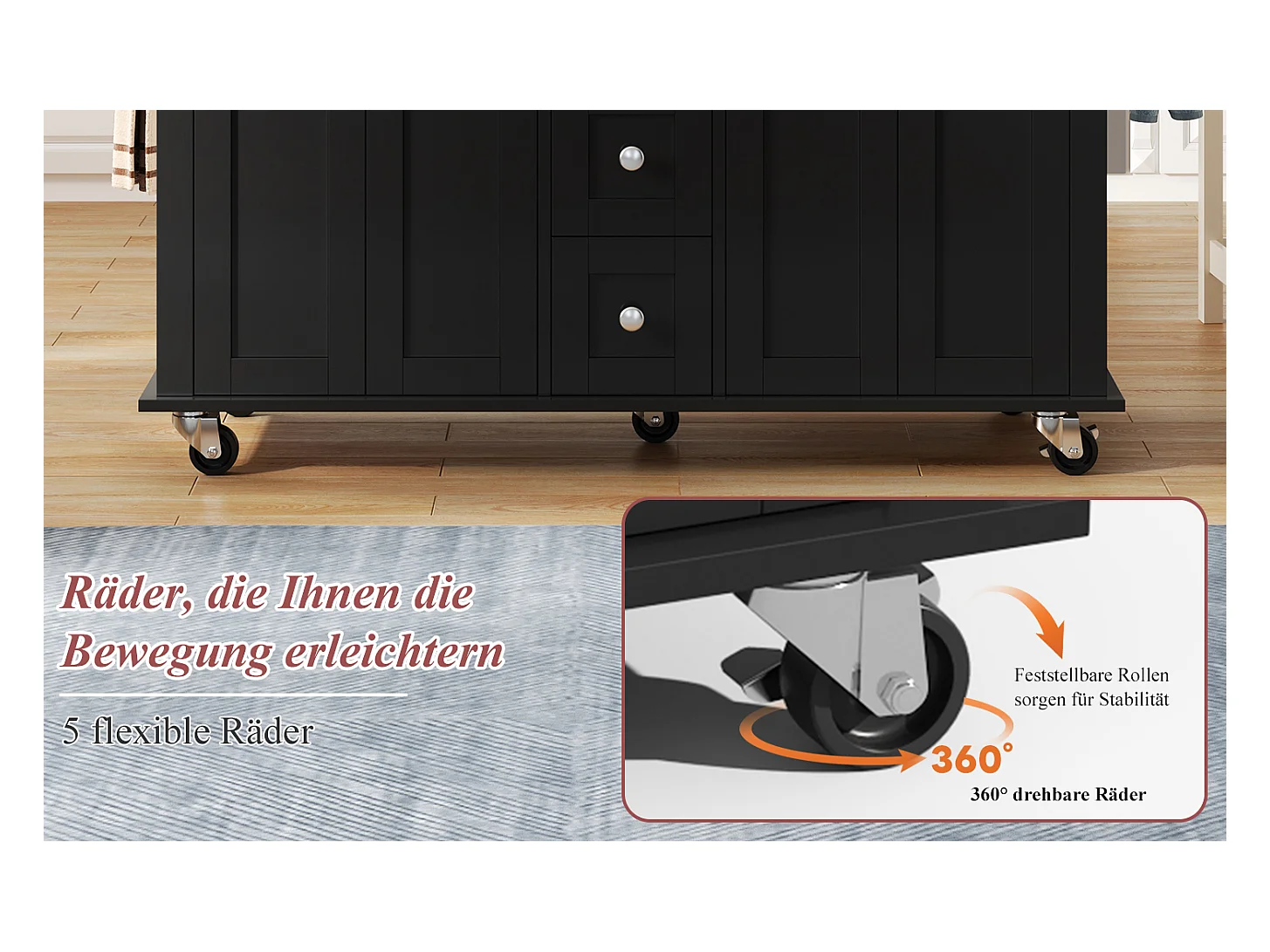 Wyspa kuchenna na kółkach - 140 x 65 x 89 cm - z wysuwanym blatem + 5 szuflad + 4 drzwi - czarna