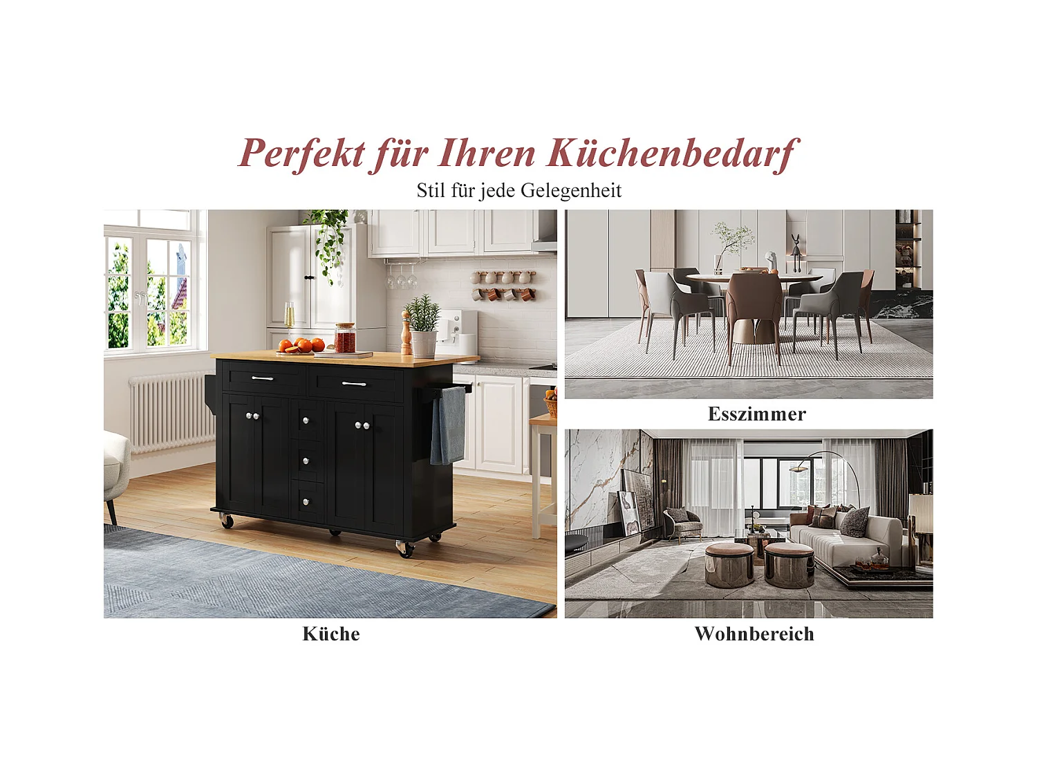 Wyspa kuchenna na kółkach - 140 x 65 x 89 cm - z wysuwanym blatem + 5 szuflad + 4 drzwi - czarna